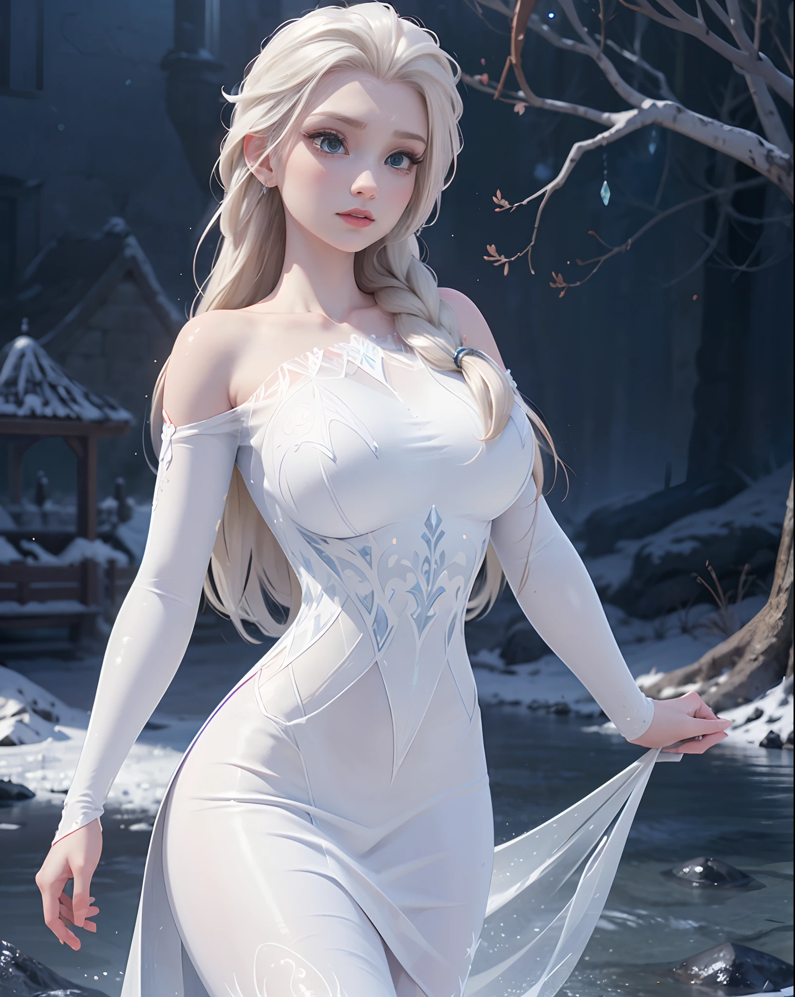 (best quality, masterpiece, colorful, dynamic angle, highest detailed) upper body photo, (elsa from frozen), fashion photography of cute white long hair girl (Stunning mature woman), ((massive gigantic breasts)), dressing high detailed Frozen white suit (high resolution textures), in dynamic pose, bokeh, (intricate details, hyperdetailed:1.15), detailed, sunlight passing through hair, epic ice storm background, (official art, extreme detailed, highest detailed),