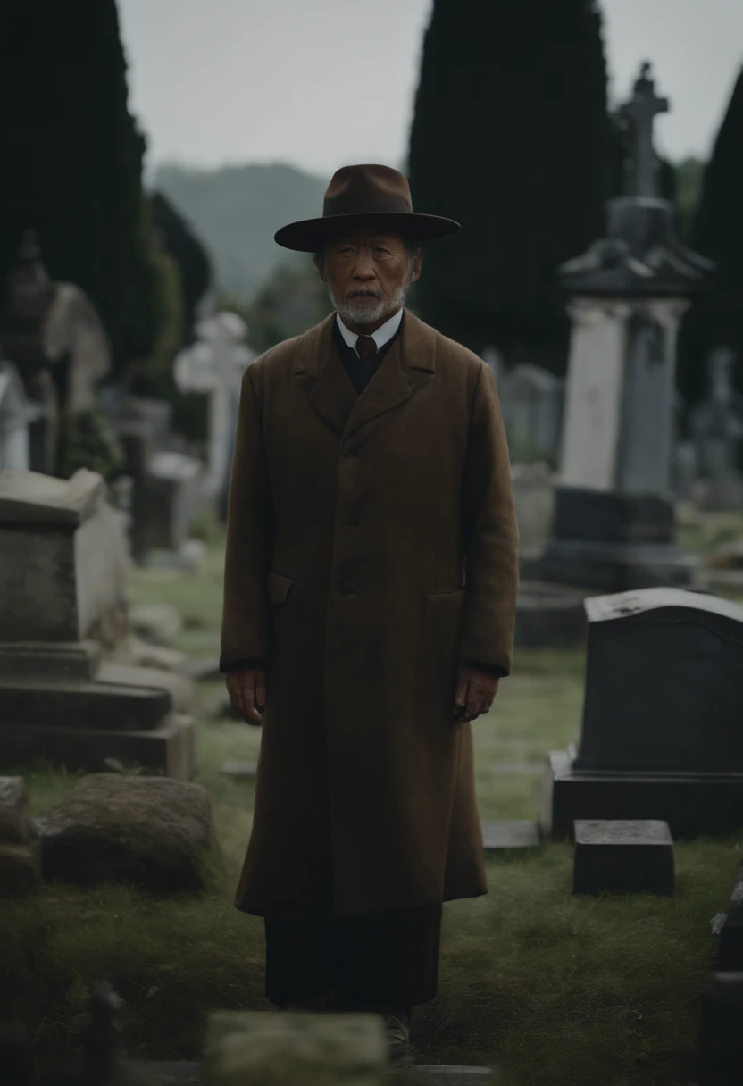 35age、japanes、well-body、suits、businessman, standing at cemetery background, realistic, detailed skins, (photo realistic 1.5), (8k,best quality, masterpiece:1.2)