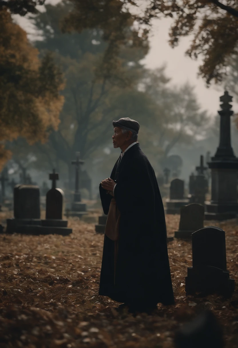 35age、Japonais、welfare、Convient、merchant, Standing in the background of the cemetery, Realstic, Detailed skins, (Photorealistic 1.5), (8k,Best quality, Masterpiece:1.2)