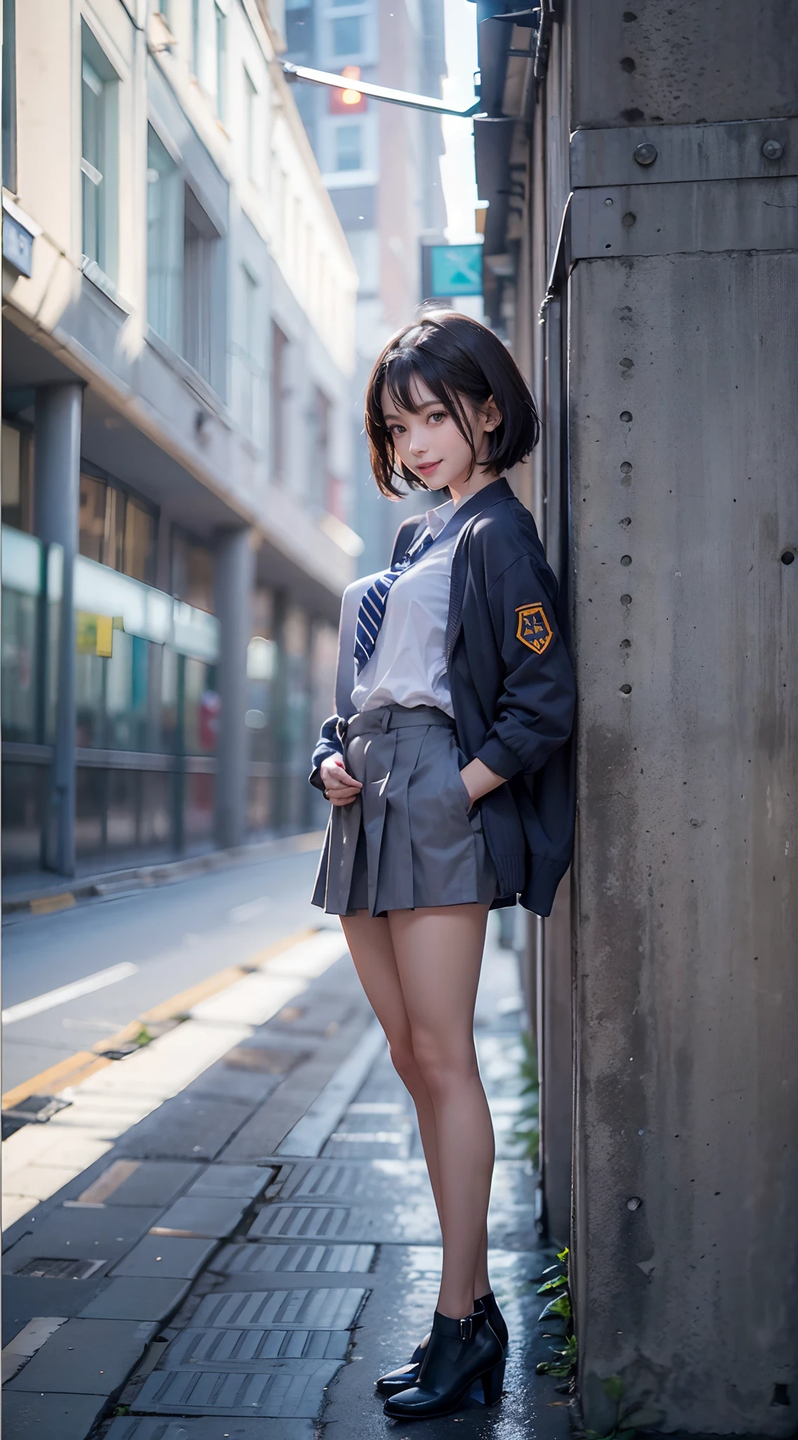 shool uniform, Cardigan, Modern old cityscape,  (The FW), 1womanl, Solo, 24 year old, 7headed body, (cute  face), (Ideal ratio body proportions), (Composition from head to thigh), Smiling smile, erectile nipple, Sexy body, Wet, short-hair, Dark hair, small tits, A slender, Small buttocks, beauty legs, Skinny Legs, surrealism, Cinematic lighting, depth of fields, One-person viewpoint, F/1.8, 135 mm, nffsw, masutepiece, ccurate, ((Anatomically correct)), Textured skin, Super Detail, high details, High quality, awardwinning, Best Quality, hight resolution, 8K