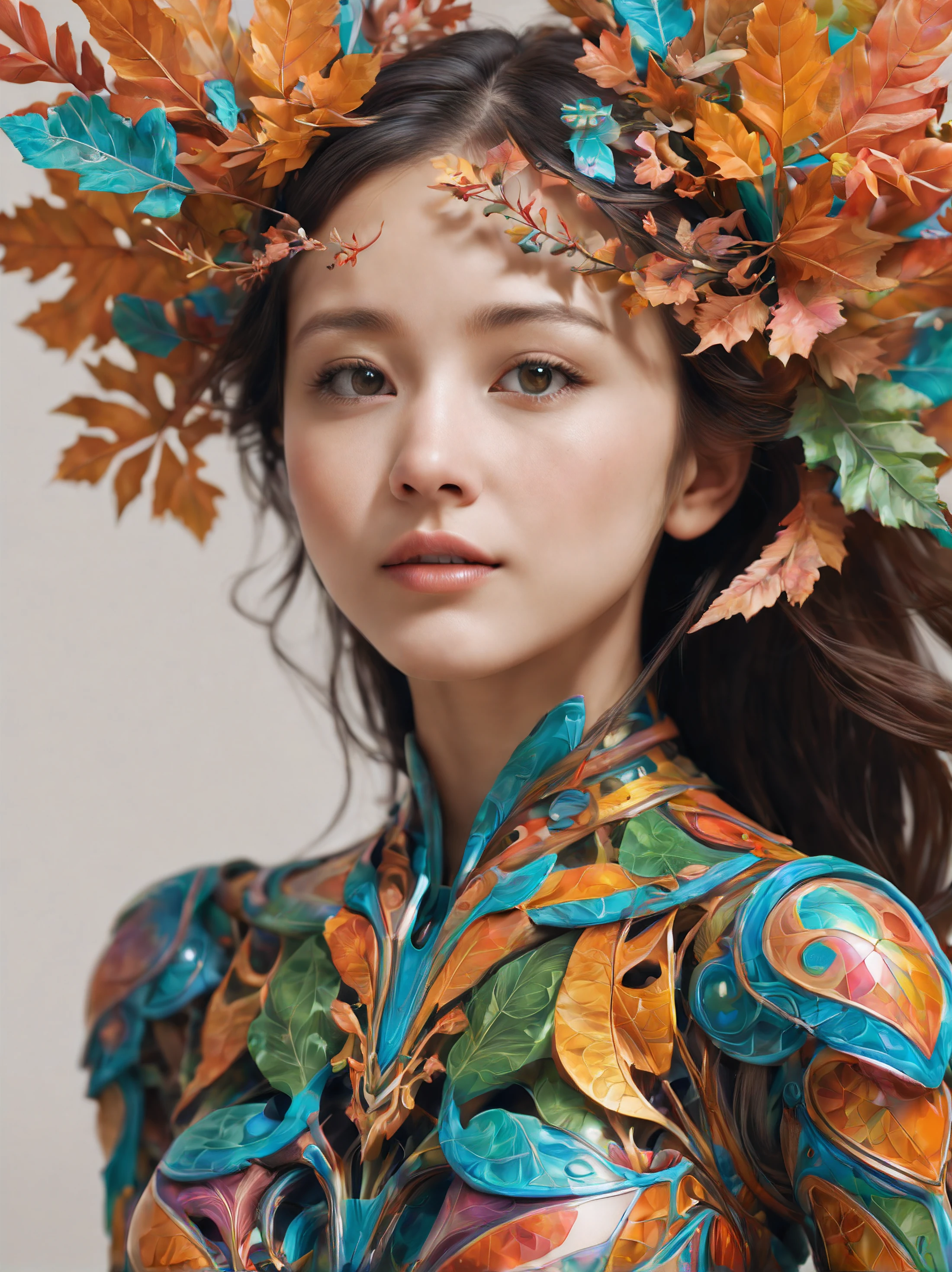 Seamlessly blends the girl's vibrant personality with the natural beauty of leaves. As she dances through a (kaleidoscope of colors and patterns), the leaves respond, mirroring her movements with mesmerizing fractal designs, high_res details
