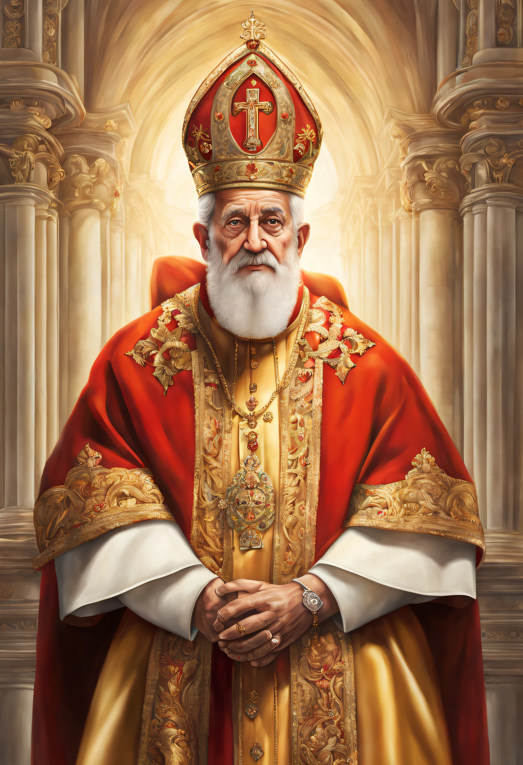 alta qualidade, Realistic portrait, Papa Martinho I, mid hair, Medium white beard detailed eyes and face, Papal tiara on the head, standingn, Catholic Church, vitrais, luz de velas piscando, Religious symbols, Tall Marble Columns, altar ornamentado, Atmosfera santa, cores vibrantes, soft lighting, majestic presence