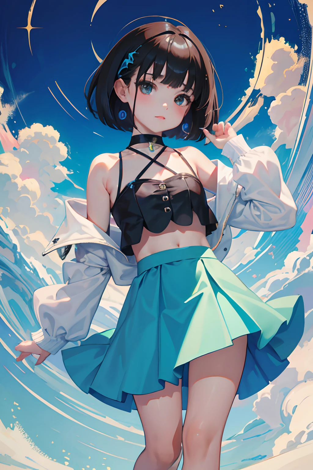 (masterpiece,Highest Quality),(:1.3),(Crop Top Look,skirt by the),Turquoise Lolita Clothing,(A dark-haired,Medium bob),embarrassed from,Delicate body,petite body,Shoulder