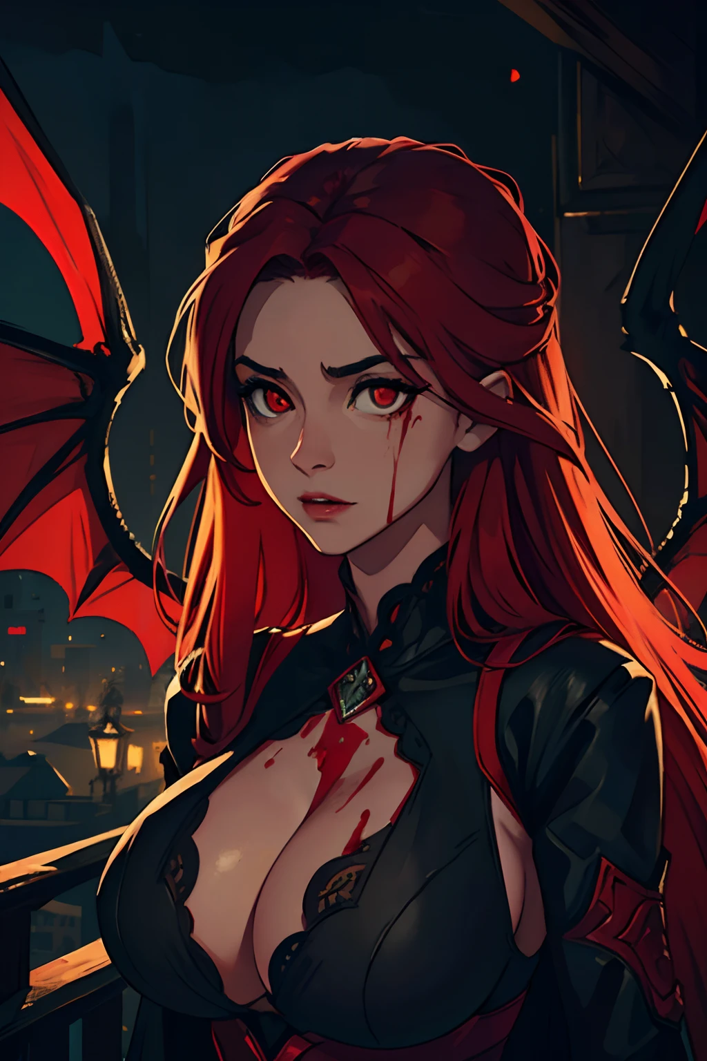 (best quality,4k,highres,masterpiece:1.2),ultra-detailed,vibrant colors,realistic,horror,portrait:1.1,a beautiful and alluring vampire woman with large bat wings, flowing red hair, and mesmerizing red eyes, revealing neckline, night, cityscape, blood, eerie lighting, big boobs