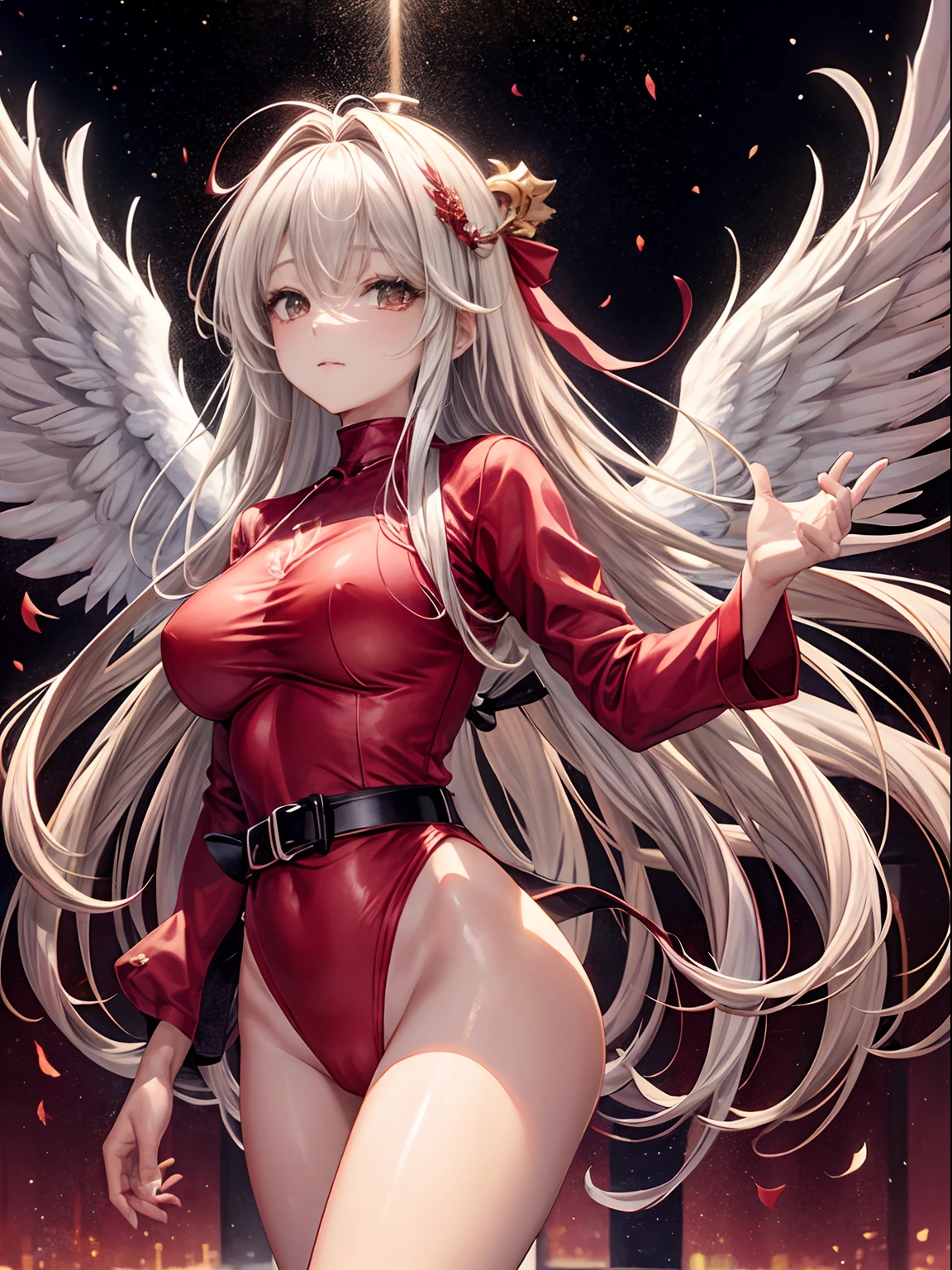 top-quality、Full limbs、complete fingers、one beautiful women、Beautiful Large Breasts、Long、straight haired、Silvery head hair、Red long sleeve leotard、((Red High Socks))、Angel white wings grow on the head and back、((Black belt))、Subspace、Floating in the air