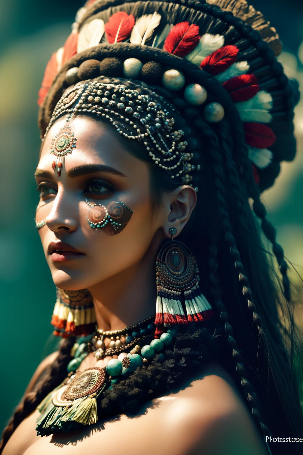 (full portrait), (half shot), solo, detailed background, detailed face, (stonepunkAI, stone theme: 1.1), sage, (male), (Native American), (fine hair, braids: 0.2), shaman, mystical, (beautiful face), impressive, head tilted up, (eyes closed, serene expression), calm, meditative, seafoam green frayed clothing, prayer beads, tribal jewelry, feathers in hair, headdress : 0.33, jade , obsidian, detailed clothing, realistic skin texture, (floating particles, swirling water, embers, ritual, whirlwind, wind: 1.2), sharp focus, volumetric lighting, good reflections, good shading, subsurface scattering, intricate, highly Detailed, ((Cinematic)), Dramatic, (Highest Quality, Award Winning, Masterpiece: 1.5), (Photorealistic: 1.5), (Intricate Symmetrical Warpaint: 0.5)