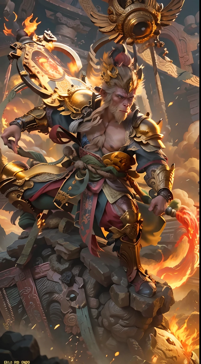 Highly detailed Monkey King,He was holding a golden stick,Golden fire eyes,The background is a huge golden halos,ancient Chinese style mythology,Buddhist mythology,Taoist mythology,divino,devout,worship,Cloud fog,globalillumination,The picture is bright,high high quality,Best quality at best,Realiy,Super realistic,super detailing,tmasterpiece,A high resolution,8K,Very realistic,Anthropomorphic Xiuxian male monkey man,Golden-scaled armor, Flame armor,Fire-eyed golden eyes Bright and brave,A male monkey holds a gold stick and an anthropomorphic close-up, Oriental ancient armor, 火焰, Golden rod,Clouds of flame under your feet,Epic fantasy digital art style, Monkey king, evil knight, dan mumford tom bagshaw, dark fantasy style art, Epic fantasy art style,Monkey king, dark fantasy art style, 火焰, Epic fantasy art style HD, dark fantasy digital art,Artistic image type,Perched on the top of the ancient city of the East, Sun Wukong investigates the vast Forbidden City below. Golden rod, Contrast his technically enhanced body,Golden sticks and retractable technological weapons shine brightly. In a striking pose, He seems ready to act, Ancient legends,Journey to the West characters, Excellent location,Earthscape, (Vibrant golden glow:1.5), (Digital painting:1.25), (4K:1.2). environment: panoramic view of a city,visualize an epic celestial battle in the heavens, with Sun Wukong at the forefront, wielding his Ruyi Jingu Bang. Gods and celestial beings clash in the clouds as the Monkey King challenges the Jade Emperor's rule.
