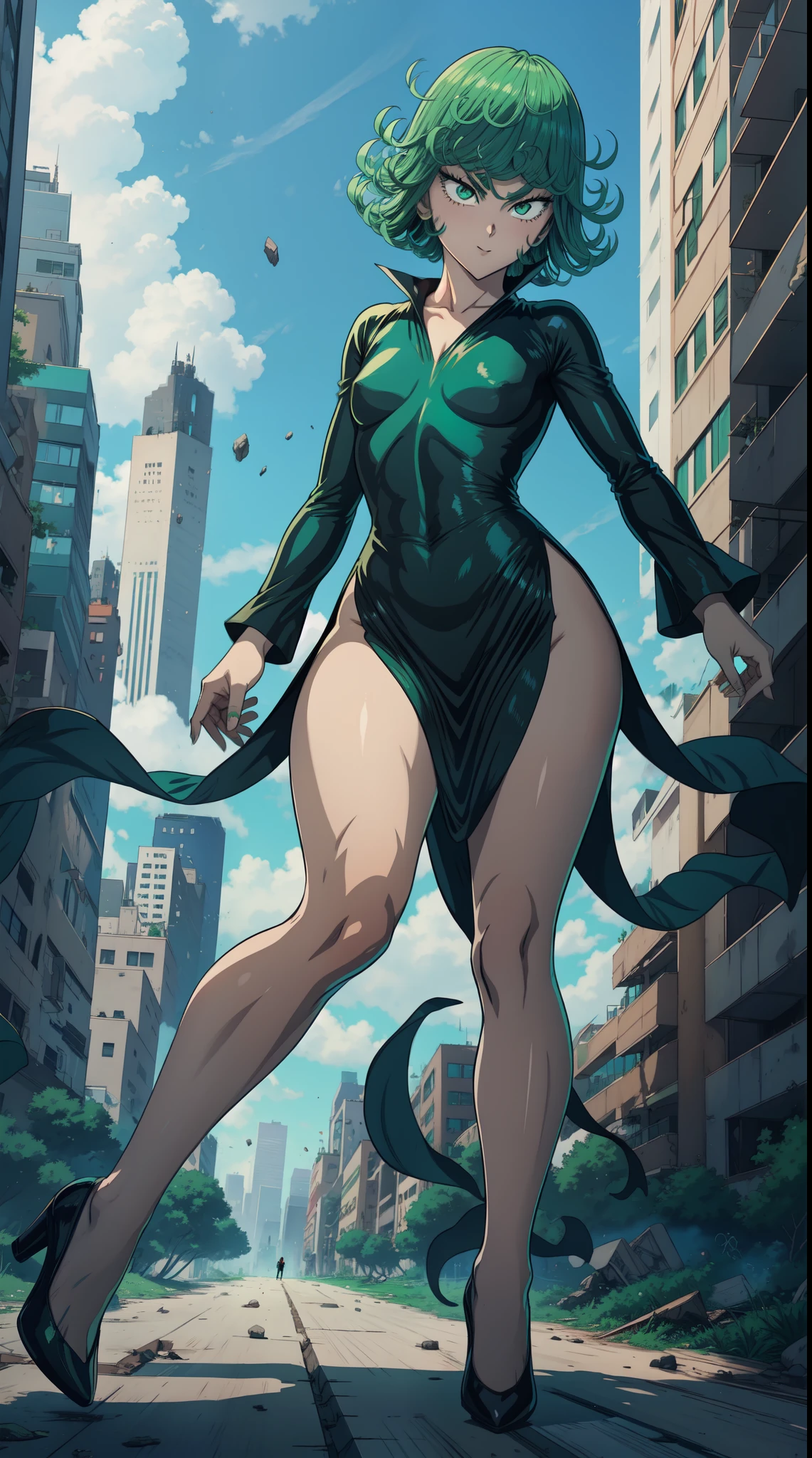 Tatsumaki from one punch man, short green hair, green eyes, Small chest, wearing fitting V-neck black dress, heels, full body view, smiling, standing in a destroyed city, dynamic pose, back view,