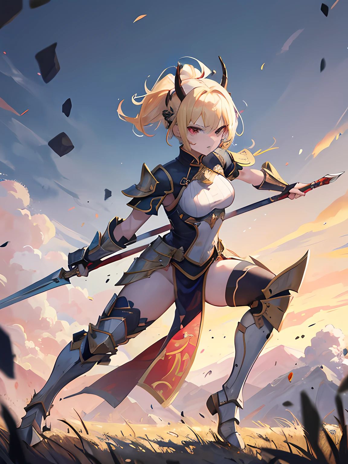 1 girl, light blue eyes, Big blonde hair, hair bunches, stripe, hair details, Hair bundle details, (Effect of highlights on hair), ((sexy white knight armor)), big breasts, thick legs, thick thighs, wearing a black high-leg swimsuit、Background, in the sky, fire around, Environment details, super detailed
