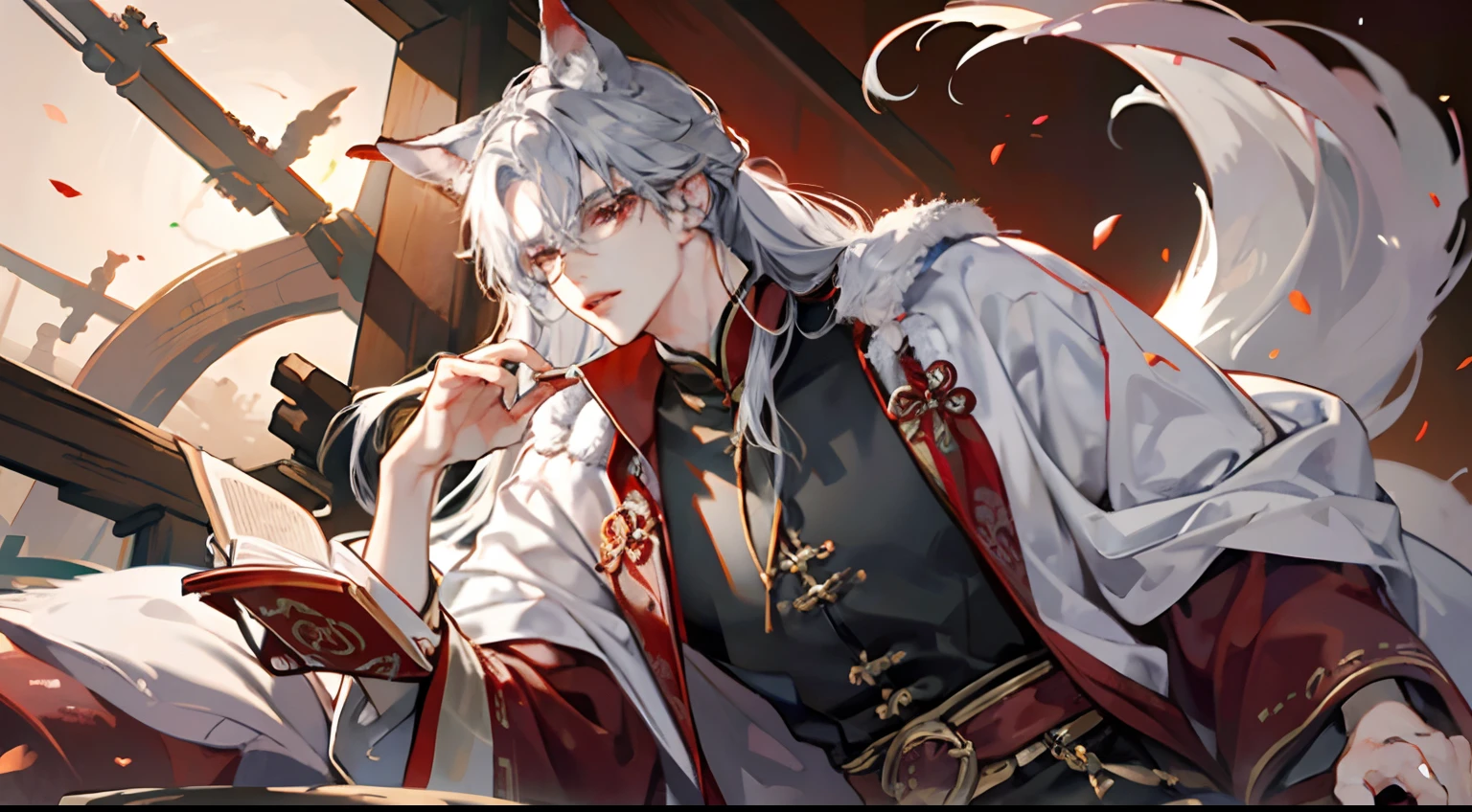 tmasterpiece，Need，A man，China-style，Chinese Ancient Times，silber hair，dishiveredhair，long whitr hair，with long bangs，Handsome，virile，gentleness，large tall，A tranquil，Red robe，exteriors，cloaks，High hills，nevando， Young men，Quaint，tmasterpiece，Need，Leprechaun，red fox，Animal ears，Handsome guy，Silver，Long hair，Hair is scattered，Dark Hanfu，There are glasses on the face，Cool handsome