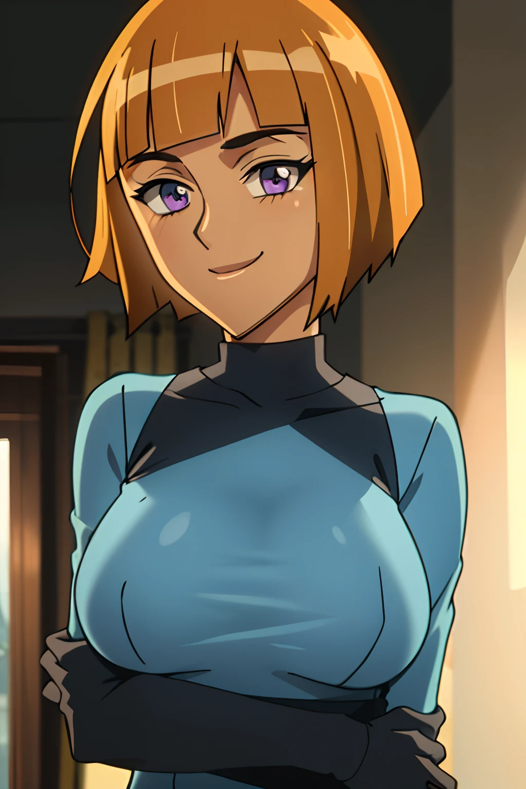 maddie_fenton, suit, ((((mask off 1.9)))),lab background,(skindentation:1.1),1girl,best quality, sharp focus,(Masterpiece), (Best Quality), soft lighting,(specular lighting:1.2),solo, bobcut,smile, upper body, big breasts
