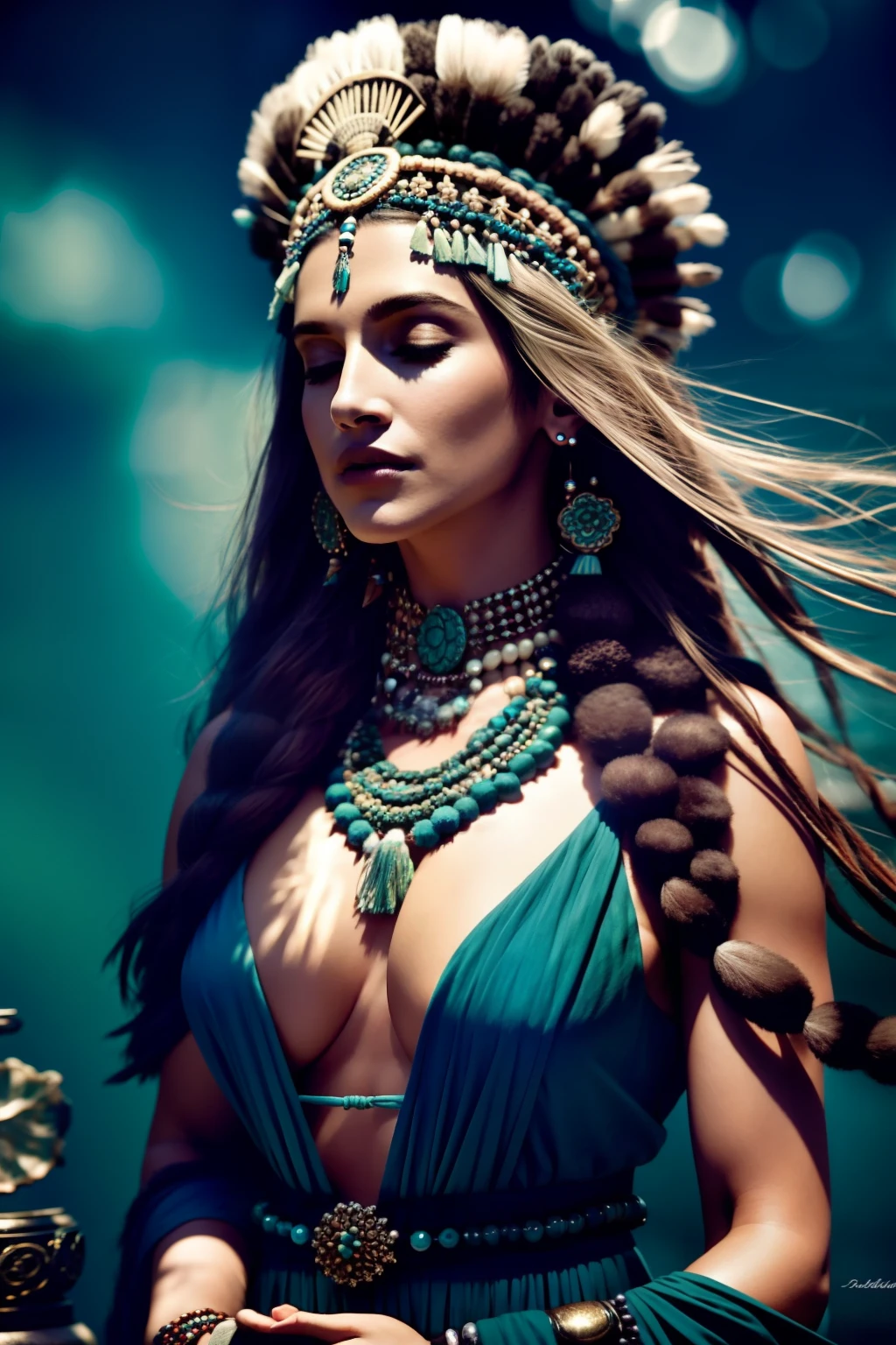 (full portrait), (half shot), solo, detailed background, detailed face, (stonepunkAI, stone theme:1.1), wise, (female), (native american), (beautiful hair, braids:0.2), shaman, septum piercing, mystical, (gorgeous face), stunning, head tilted towards sky, arms raised towards sky, (eyes closed, serene expression), calm, meditating, Seafoam Green frayed clothes, prayer beads, tribal jewelry, feathers in hair, headdress:0.33, jade, obsidian, detailed clothing, deep cleavage, 1/2 boob exposed, plunging neckline, realistic skin texture, (floating particles, water swirling, embers, ritual, whirlwind, wind:1.2), sharp focus, volumetric lighting, good highlights, good shading, subsurface scattering, intricate, highly detailed, ((cinematic)), dramatic, (highest quality, award winning, masterpiece:1.5), (photorealistic:1.5), (intricate symmetrical warpaint:0.5),