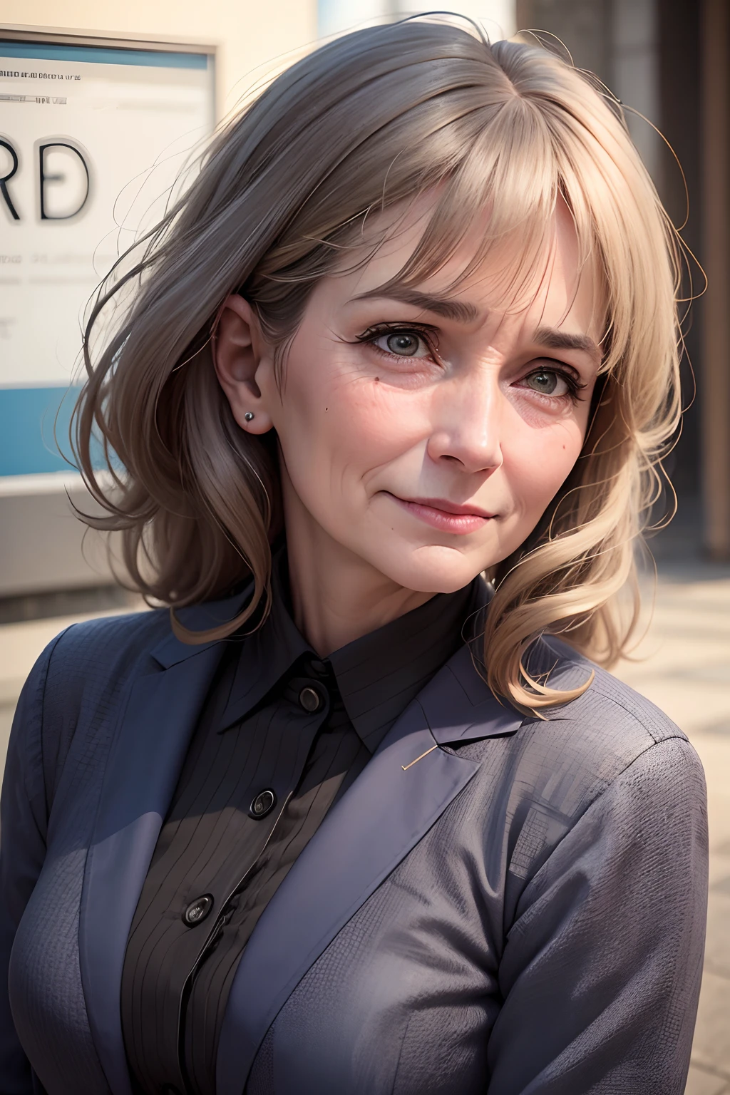 Create the face of a well-dressed middle-aged woman suffering from super happy depression