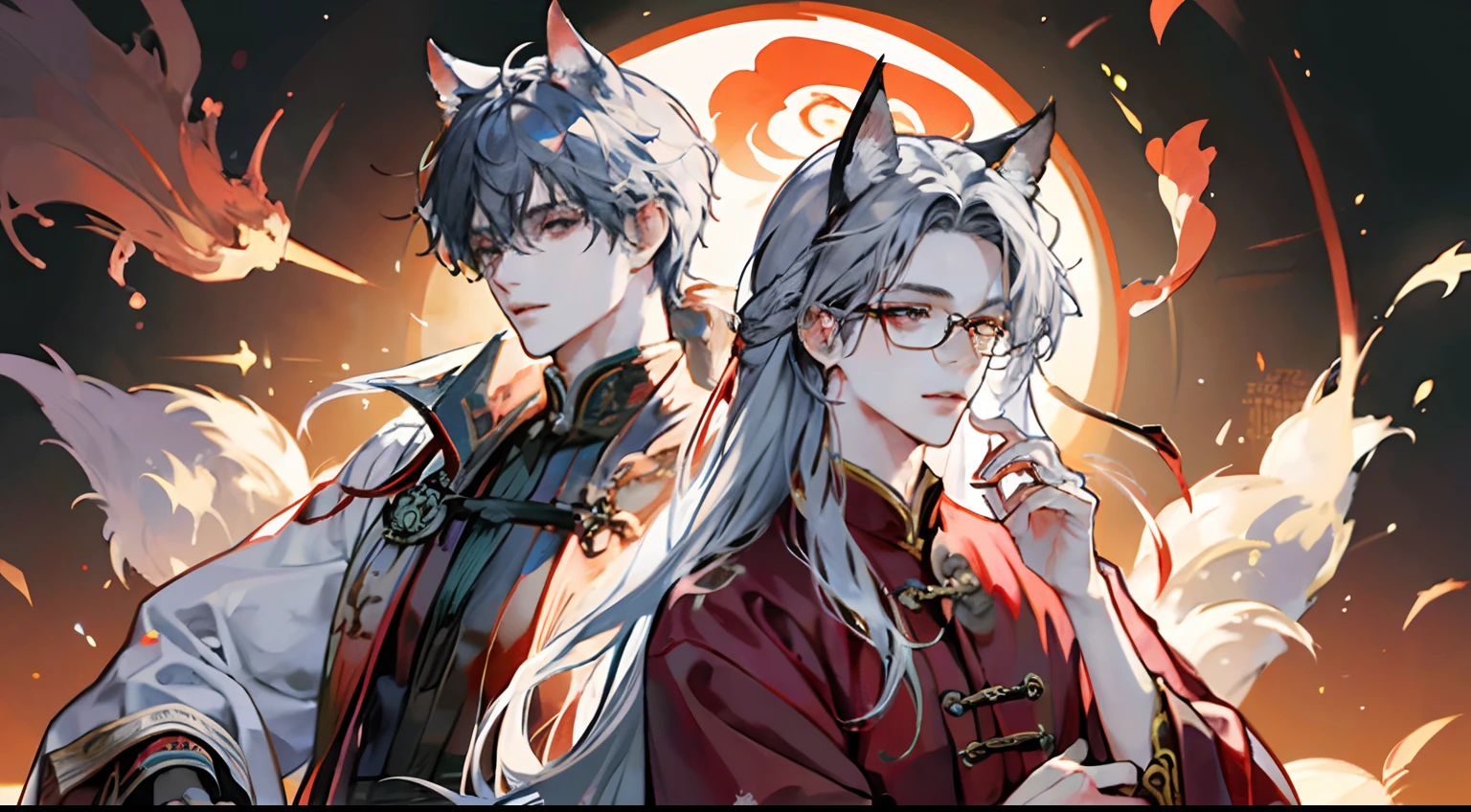 tmasterpiece,Need,A man,China-style,Chinese Ancient Times,silber hair,dishiveredhair,long whitr hair,with long bangs,Handsome,virile,gentleness,large tall,A tranquil,Red robe,exteriors,cloaks,High hills,nevando, Young men,Quaint,tmasterpiece,Need,Leprechaun,red fox,Animal ears,Handsome guy,Silver,Long hair,Hair is scattered,Dark Hanfu,There are glasses on the face,Cool handsome