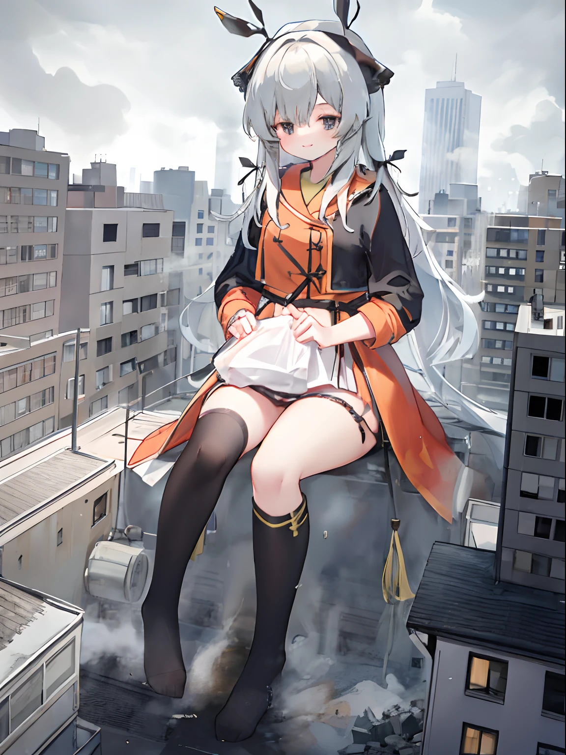 Girl, A giantess，City of Miniature，, full bodyesbian, Bigger than the building,No shoes，{Black stockings}，A cold expression， Destroyed buildings, sitting in city，GTSCity, As a giantess, Bright pupils, Smile, Naughty face, 16k, High quality, High details, Anatomically correct, Textured skin，The feet emit steam，Fleeing crowds，