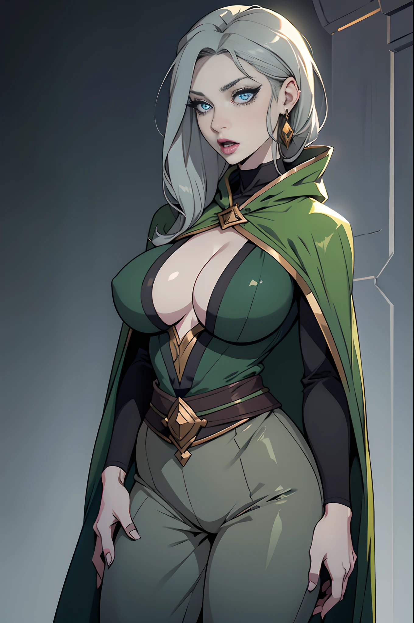 Solo, female, standing, green cloak, pale skin, blue eyes, dark grey hair, open mouth, lipstick, tired eyes, eyeliner, thick eyelashes, nose ring, big breasts, tunic, pants