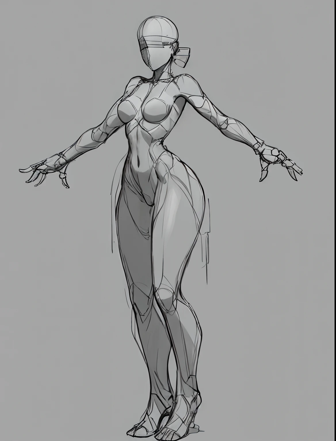 Sketch, white background, solo, standing, pose, feminine, concept art, detailed, artstation