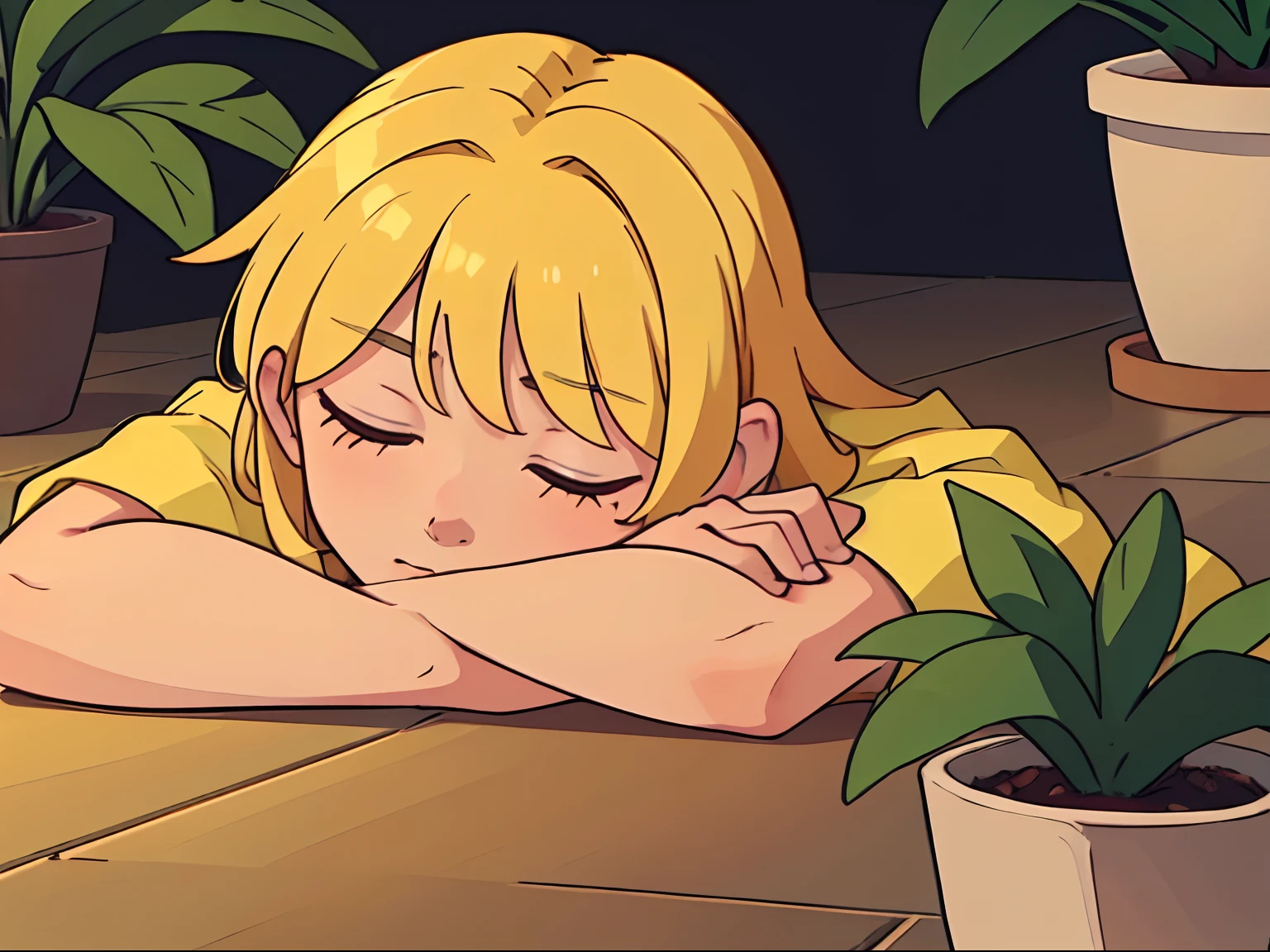 Young handsome blond man sleeping on crossed arms in front, lying on the floor, Yellow color predominates, warm lighting, Small potted plants, facing the viewer, closeup face, 4k,