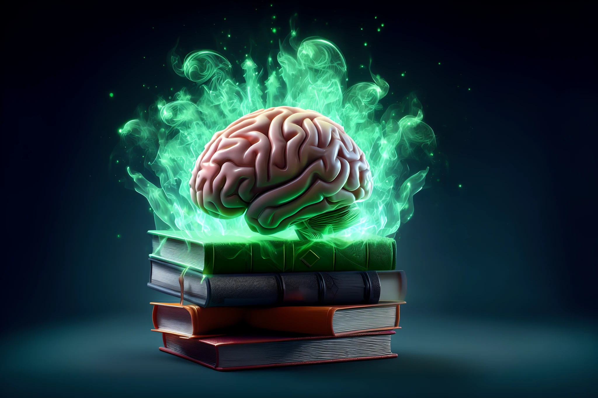 A brain on books with green flames, The flames ripple and glow around the brain.The brain and books stand out in 3D.