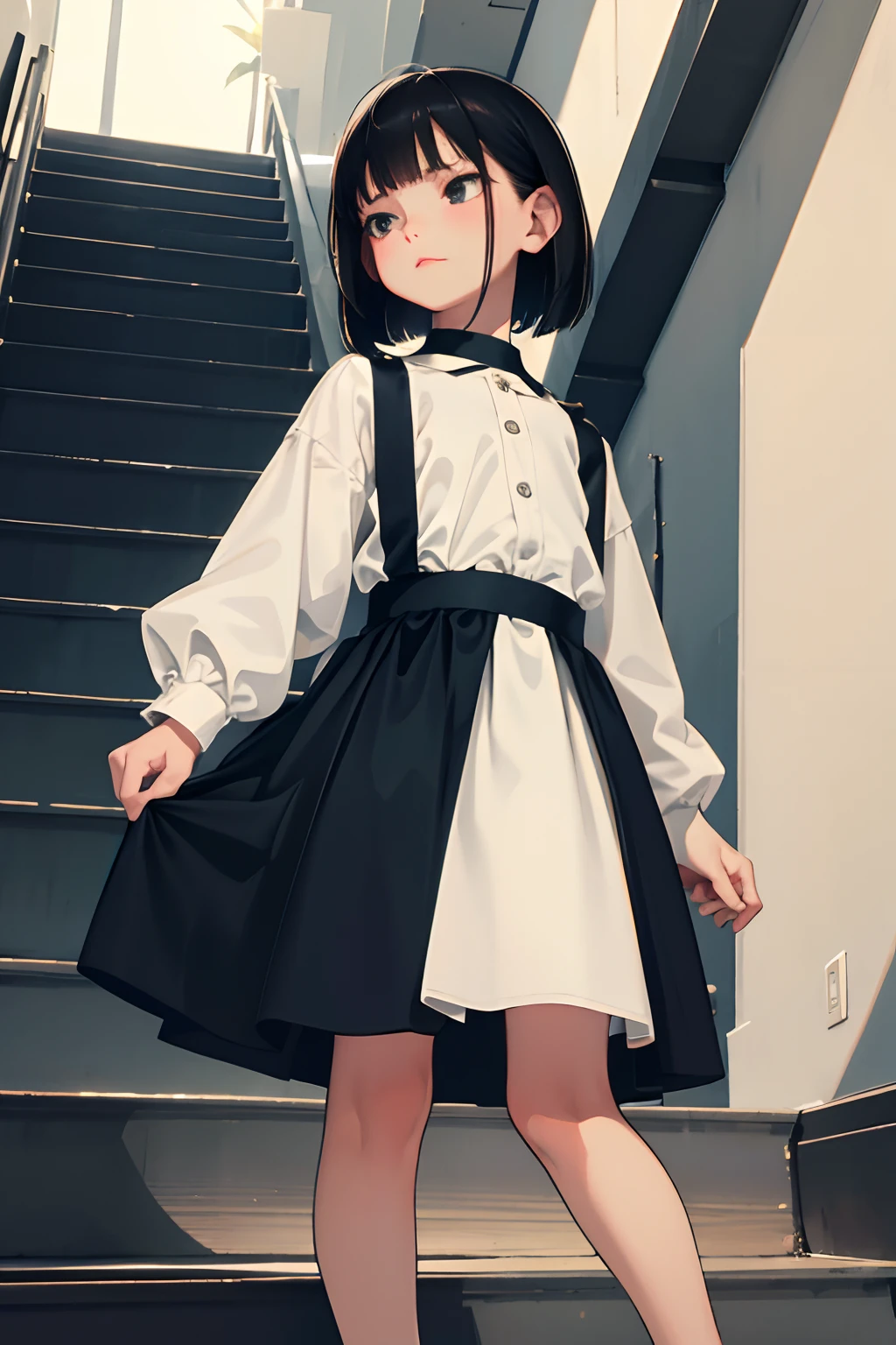 low angle shot,turned around,(masterpiece,Highest Quality),(:1.3),skirt by the,(A dark-haired,Medium bob),embarrassed from,sleepy expression,Delicate body,petite body,small tits,Indoor staircase