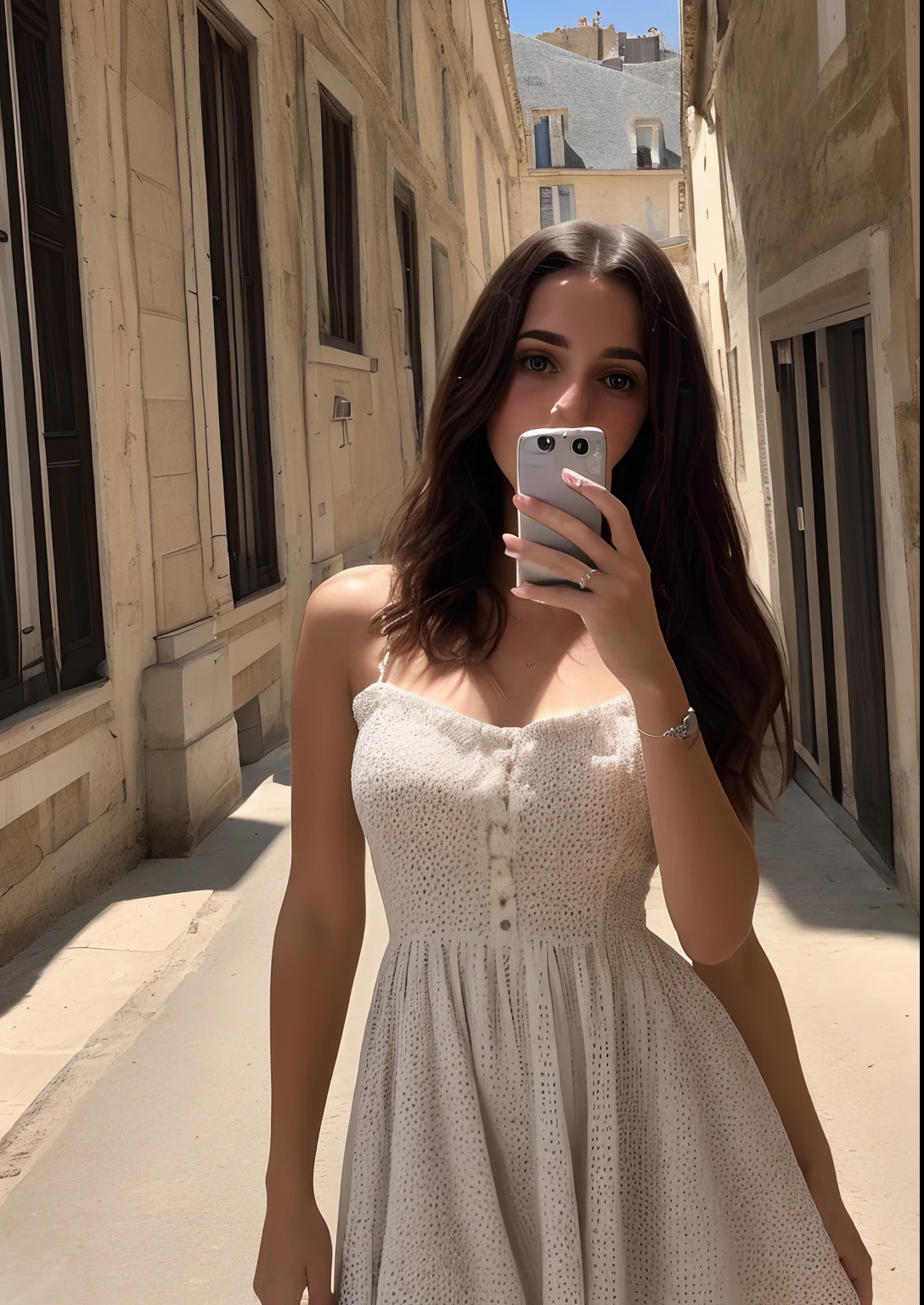 A selfie of a pretty young woman, Taken with iPhone camera, with a style of dress all her own, Frenchwoman,