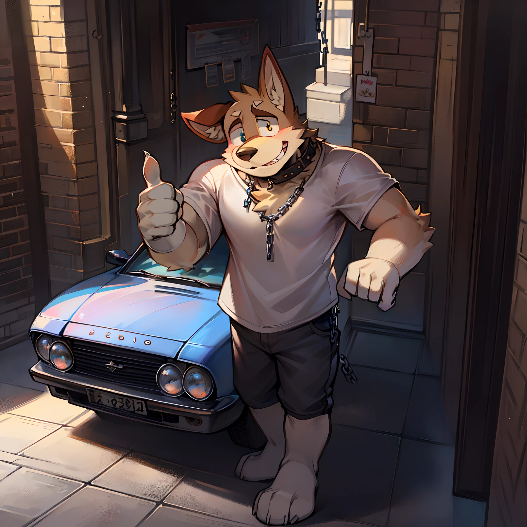 Cartoon image of a dog standing like a man wearing a white t-shirt, chain in the neck, meio malandro, com a boca aberta e a lingua de fora, holding a rectangle with the right hand and giving a thumbs-up sign with the left hand and the left hand leaning on a car