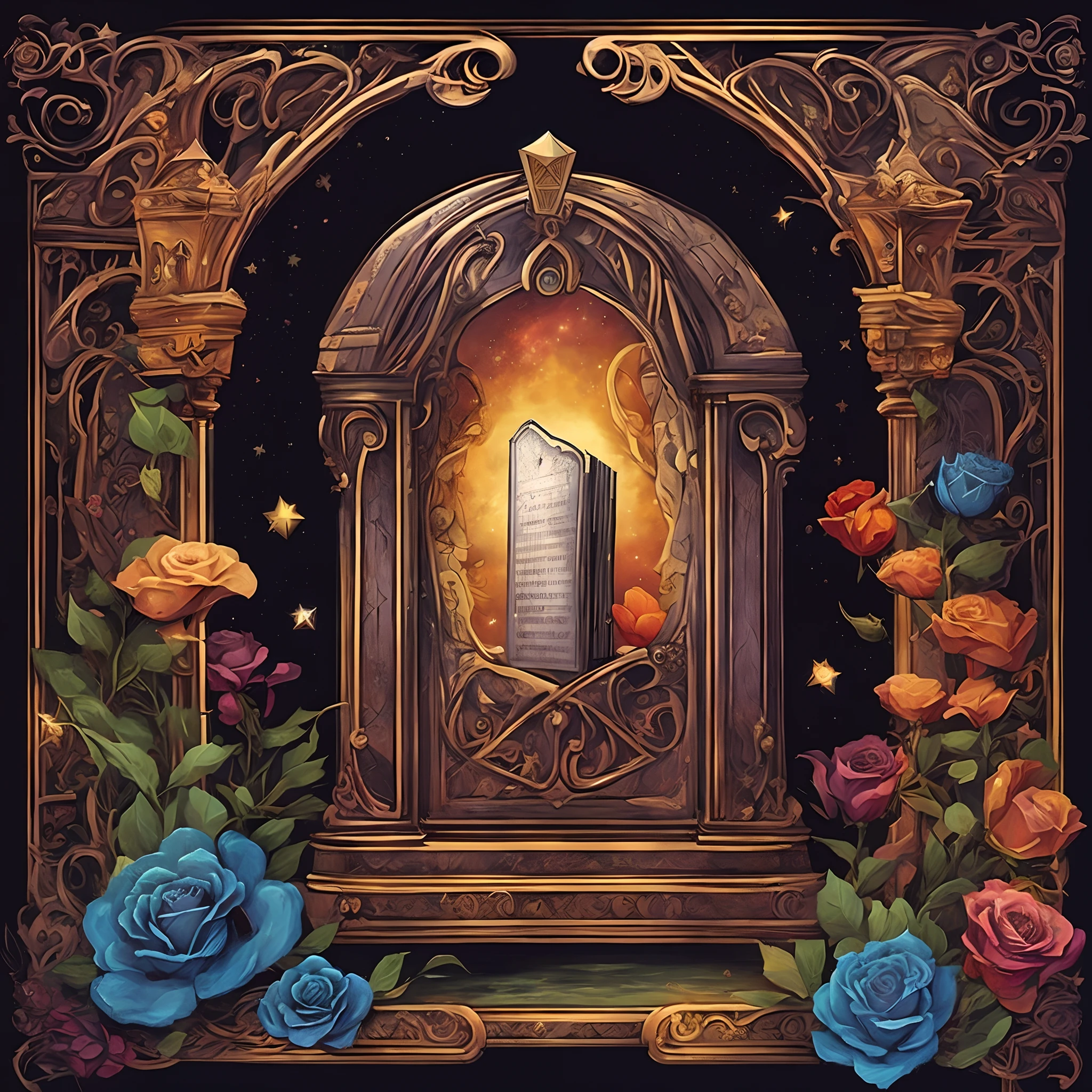 a painting of a doorway with roses and a star in the background, the tower tarot card, mythical cosmic shrine, esao andrews : : ornate, detailed cover artwork, by Jason Benjamin, album artwork, artwork, major arcana palace occult, masonic art, album art, by Tomek Setowski, by Ren Bonian, el bosco and dan mumford