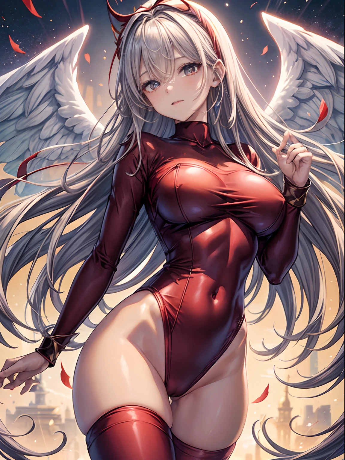 top-quality、Full limbs、complete fingers、one beautiful women、Beautiful Large Breasts、Long、straight haired、Silvery head hair、Red long sleeve leotard、Thigh-length red high socks、Angel white wings grow on the head and back、Black belt、Subspace、Floating in the air、Ready to Battle