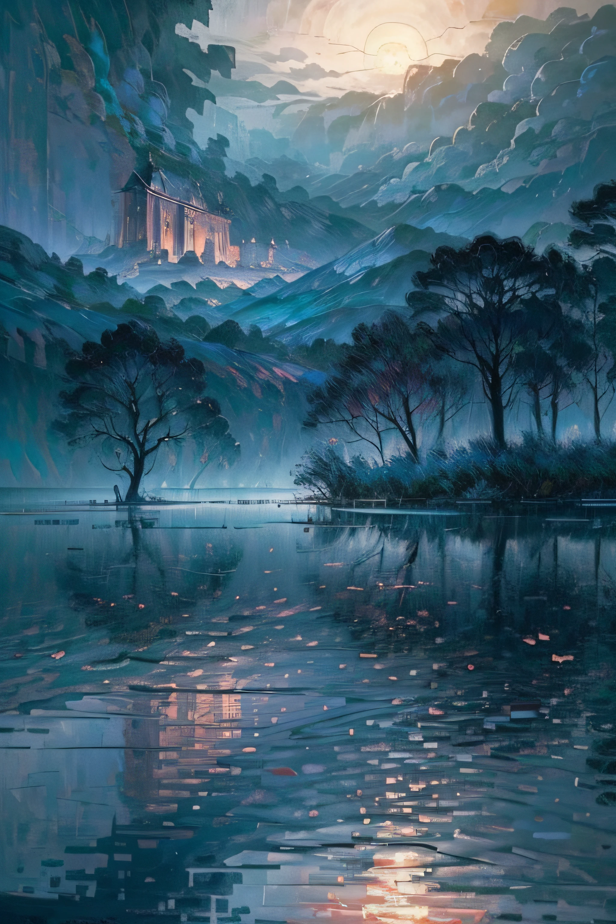 Best quality,4K,8K,A high resolution,Masterpiece:1.2,Ultra-detailed,Realistic,Photorealistic:1.37,landscape,Monet,Impresionismo,flood,illuminations,Japan culture,disaster,heavy rain,Dark clouds,Gloomy atmosphere,Flooded rivers,damaged buildings,Desolate streets,Soaked landscape,Ripple water reflection,Waterlogged trees,Moody lighting,Brush Strokes,A peaceful garden with cherry blossoms,Sparse cherry petals,floating debris,Turbulent waves,ominous storm clouds,Subtle color palette,Soft lighting,Sinister emotions,Crumbling building,Abandoned temple,Unforgettable scenery,A mysterious mist shrouded the scene,Ominous silence,Breathtaking but melancholic scene,The juxtaposition of natural beauty and destruction,The lonely figure stood in the chaos,Think about the power of nature,A charming blend of tranquility and chaos,Visually striking and emotionally evocative artwork,Showcasing the delicate balance between man and nature,Convey a feeling of wonder and awe.