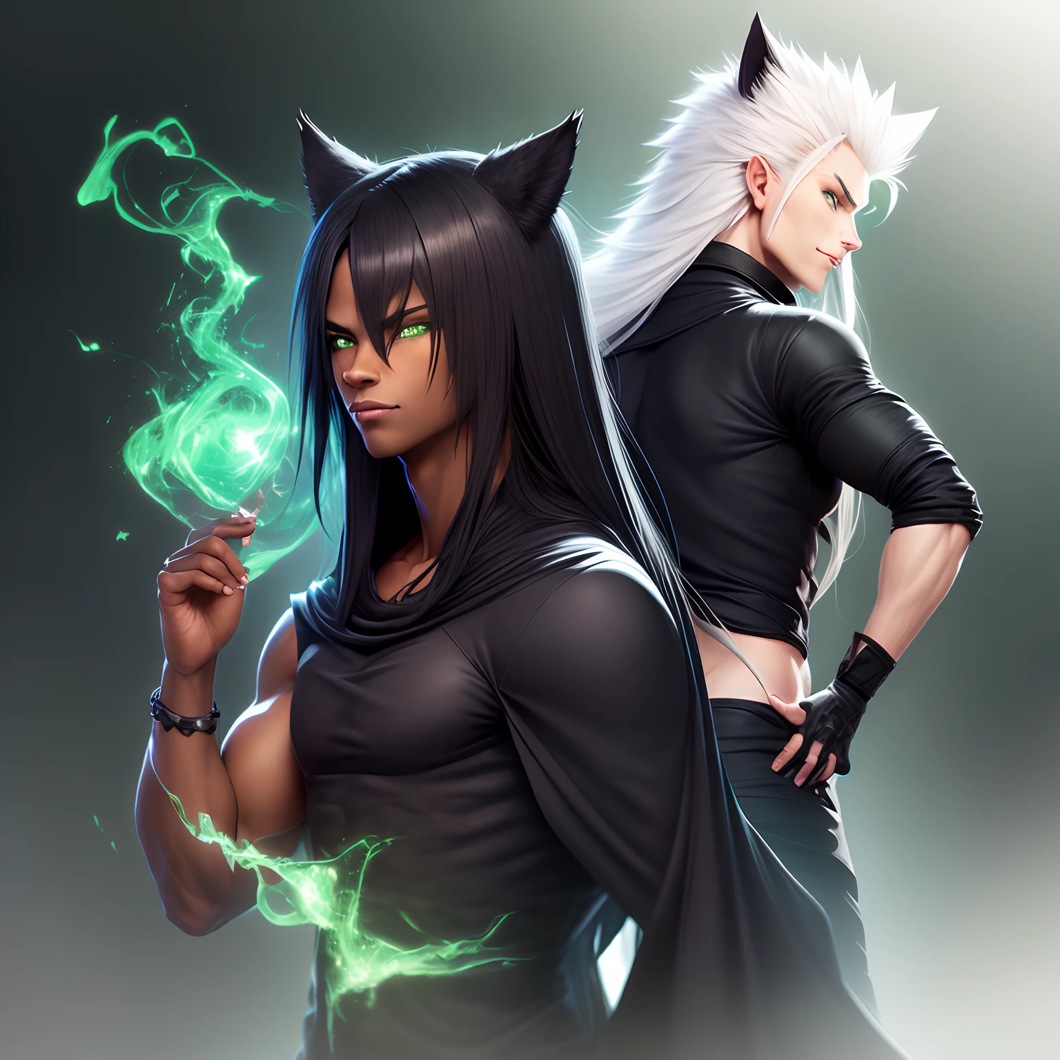 (Black spikey long hair), (dark skinned male), (muscular), (cat ears), (green eyes), (black robes), (long hair), (spikey hair)