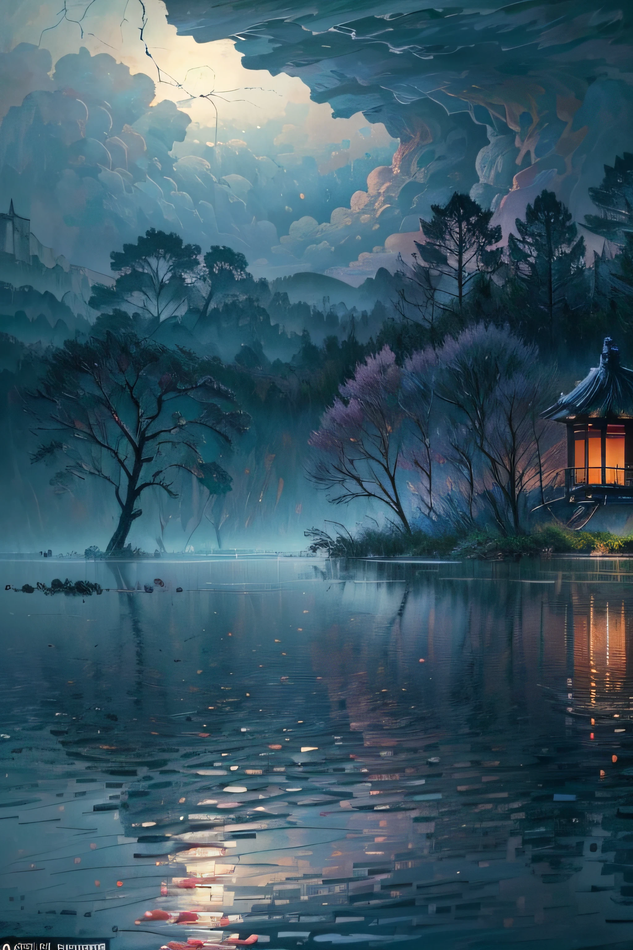 Best quality,4K,8K,A high resolution,Masterpiece:1.2,Ultra-detailed,Realistic,Photorealistic:1.37,landscape,Monet,Impresionismo,flood,illuminations,Japan culture,disaster,heavy rain,Dark clouds,Gloomy atmosphere,Flooded rivers,damaged buildings,Desolate streets,Soaked landscape,Ripple water reflection,Waterlogged trees,Moody lighting,Brush Strokes,A peaceful garden with cherry blossoms,Sparse cherry petals,floating debris,Turbulent waves,ominous storm clouds,Subtle color palette,Soft lighting,Sinister emotions,Crumbling building,Abandoned temple,Unforgettable scenery,A mysterious mist shrouded the scene,Ominous silence,Breathtaking but melancholic scene,The juxtaposition of natural beauty and destruction,The lonely figure stood in the chaos,Think about the power of nature,A charming blend of tranquility and chaos,Visually striking and emotionally evocative artwork,Showcasing the delicate balance between man and nature,Convey a feeling of wonder and awe.