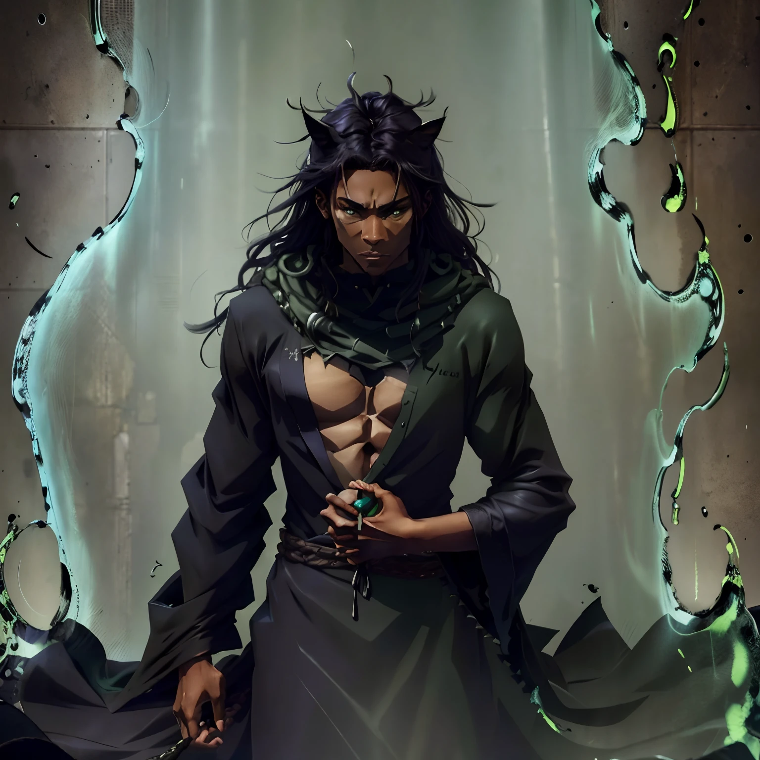 (Black spikey long hair), (dark skinned male),  (cat ears), (green eyes), (black robes), (long hair), (spikey hair)