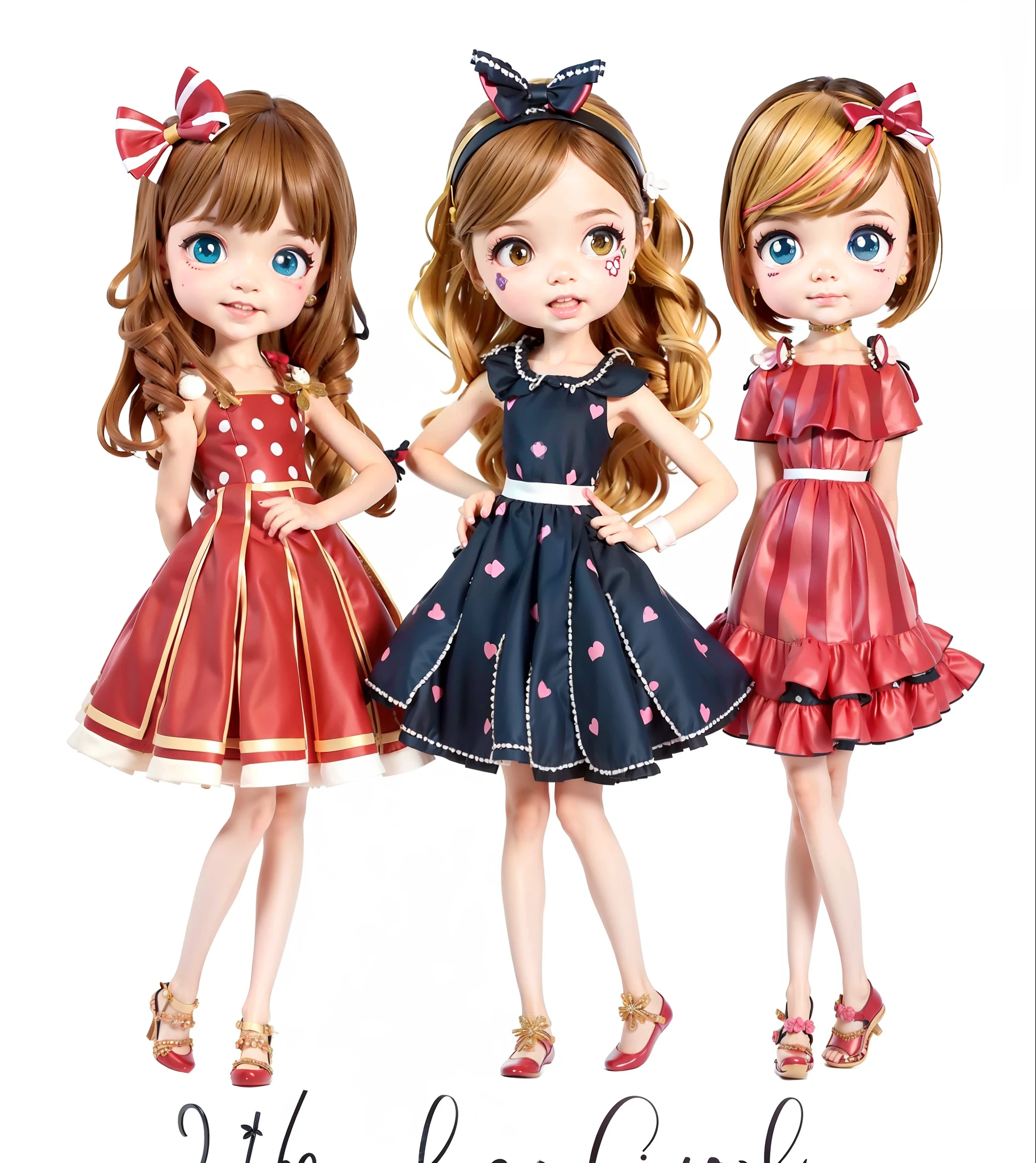 Three girls in dresses with bows and bows on their heads, meninas fofas, Cartoon style illustration, garota, usando vestidos, estilo bonito dos desenhos animados, Belo estilo de arte, ilustrado em estilo caprichoso, rostos de boneca em um vestido, menina em um vestido, menina usa um vestido vermelho, in illustration style digital, in cartoon style, Beautiful girls, raparigas, hand painted cartoon art style