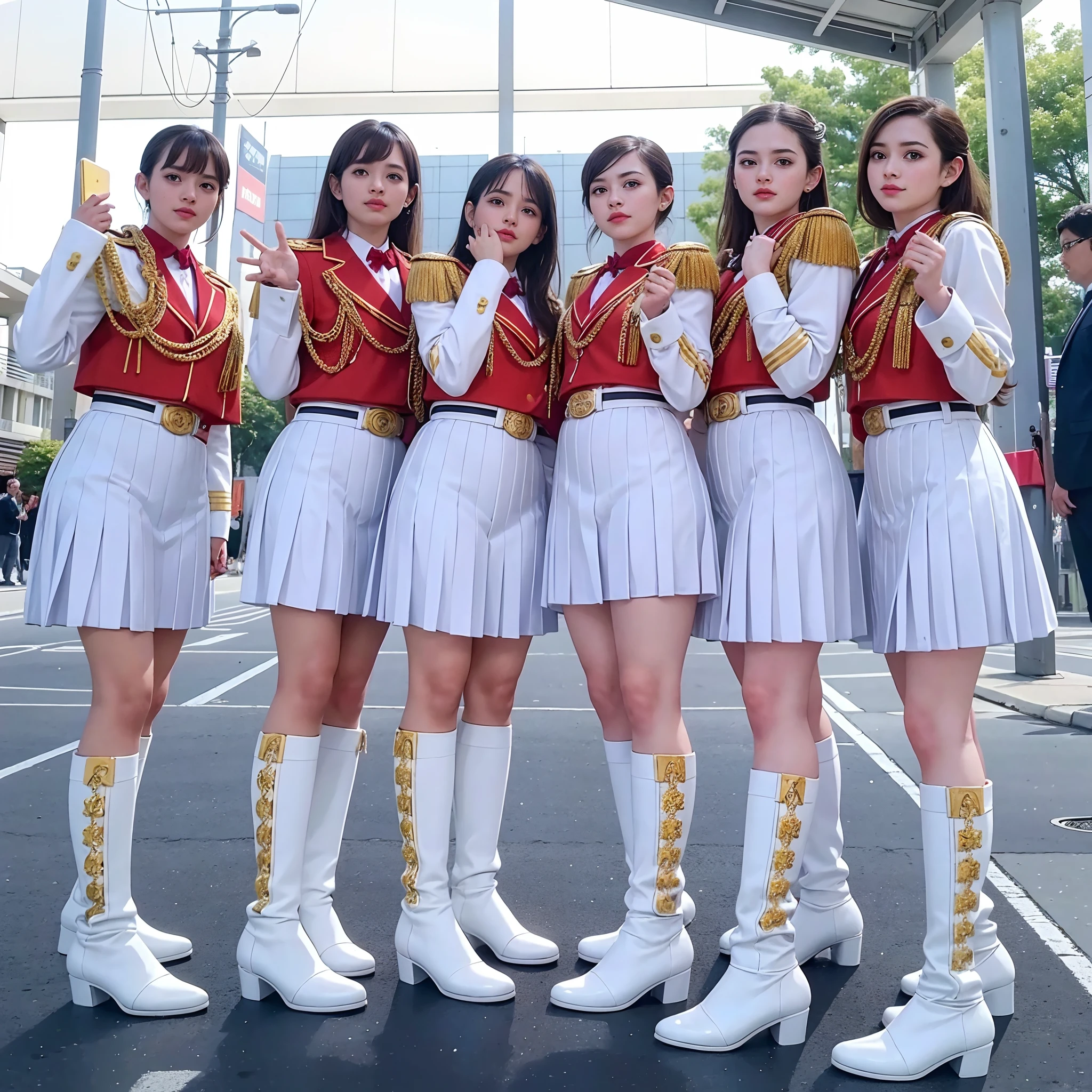 Group of 4 girls in uniform and taking a photo, captured on canon eos r 6, Magic Uniform University Background. The girl wears a white uniform with a design like Sailor Moon, Emphasize the classic style. Images are of the highest quality (Best Quality, 8K resolution, hight resolution, nffsw:1.2), Provides ultra-detailed and photorealistic visuals. This scene has、There are special effects reminiscent of Toei's tokusatsu movies, Create a dynamic and vibrant atmosphere. Around the girl、There are various symbols and elements that represent the magical nature of the school, keys, etc., Note, And bees. Lighting is、Highlight unique uniforms、Meticulously created to bring out the vibrant colors of your artwork. The composition is、Capture the enthusiasm and creativity of a girl posing for the perfect shot.