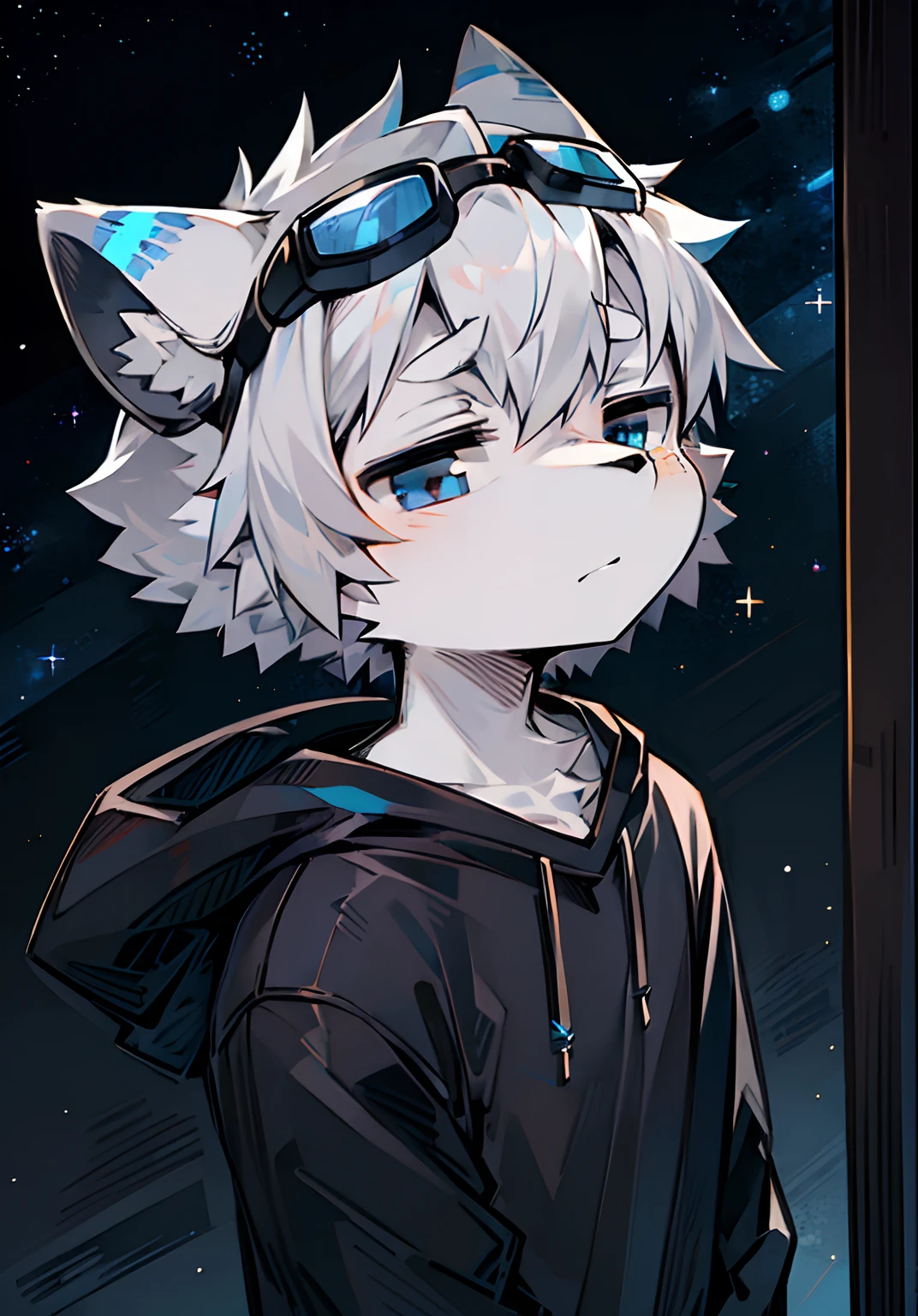 Beast too，White-gray hair，Black goggles，sideface，head portrait，Dark blue-gray fur，Deep blue-black eyes，Melancholy Look，Dark blue design sweatshirt，Background of dark starry sky，big headed，Alone，Shota，The bangs are dyed dark gray，Black ears，