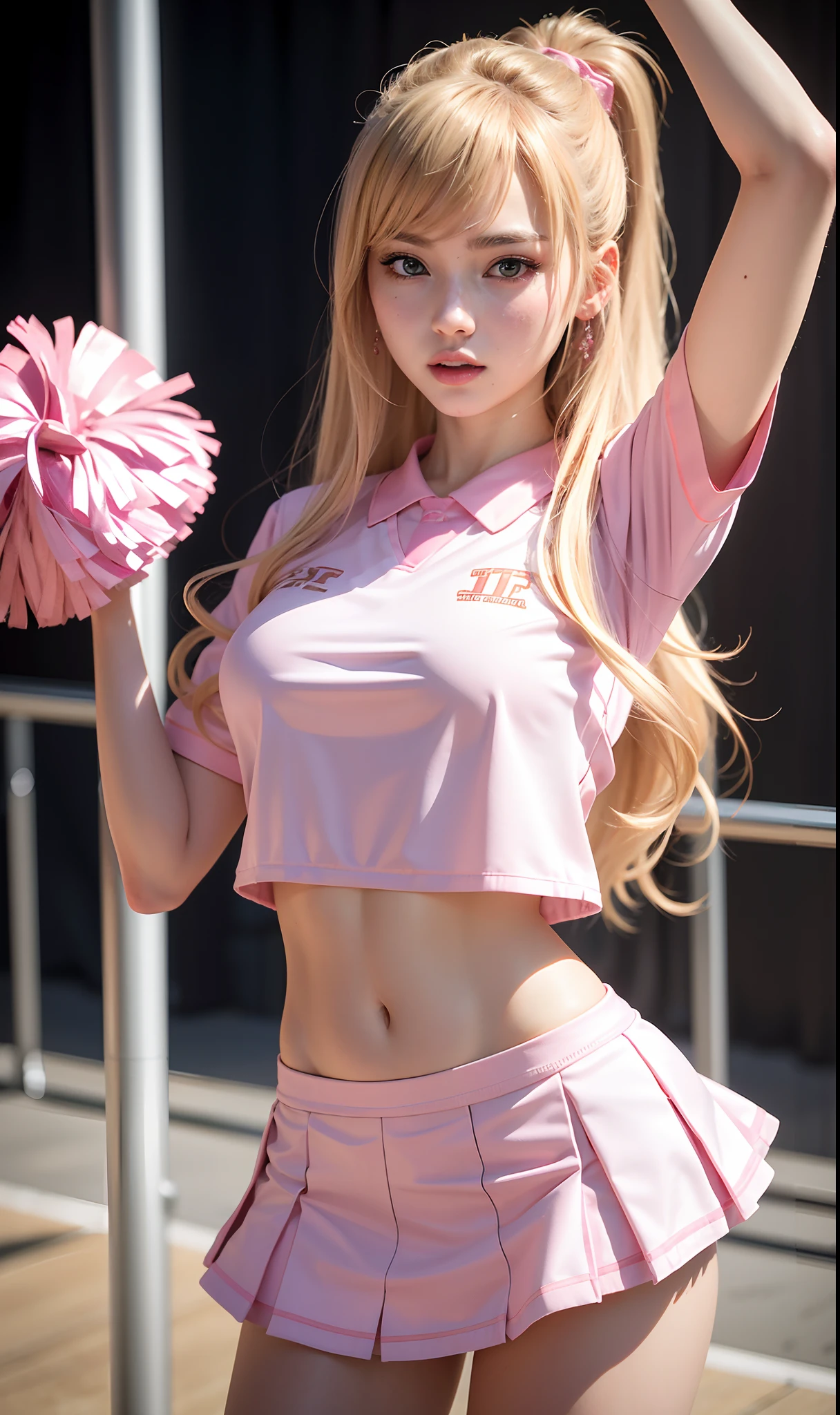 8k, ultrarealistic, ray tracing, unparalleled masterpiece, ultra realistic 8k CG, perfect artwork, ((perfect female figure)), 1girl, narrow waist, seductive posture, sexy pose, alluring, clean, beautiful face, pure face, pale skin, divine goddess, intricate detail, charismatic, charming, alluring, erotic, seductive, divine, clean, prestige, supreme, apex, paramount, goddess, delicate pattern, queen, supernatural, phenomenal, fabulous, marvelous, stupendous, terrific, extremely detailed face, super idol face,((an extremely delicate and beautiful)), (ulzzang-6500:0.7), blond hair, solo, (cheerleader, miniskirt, pink uniform:1.4),(nsfw:1.4)