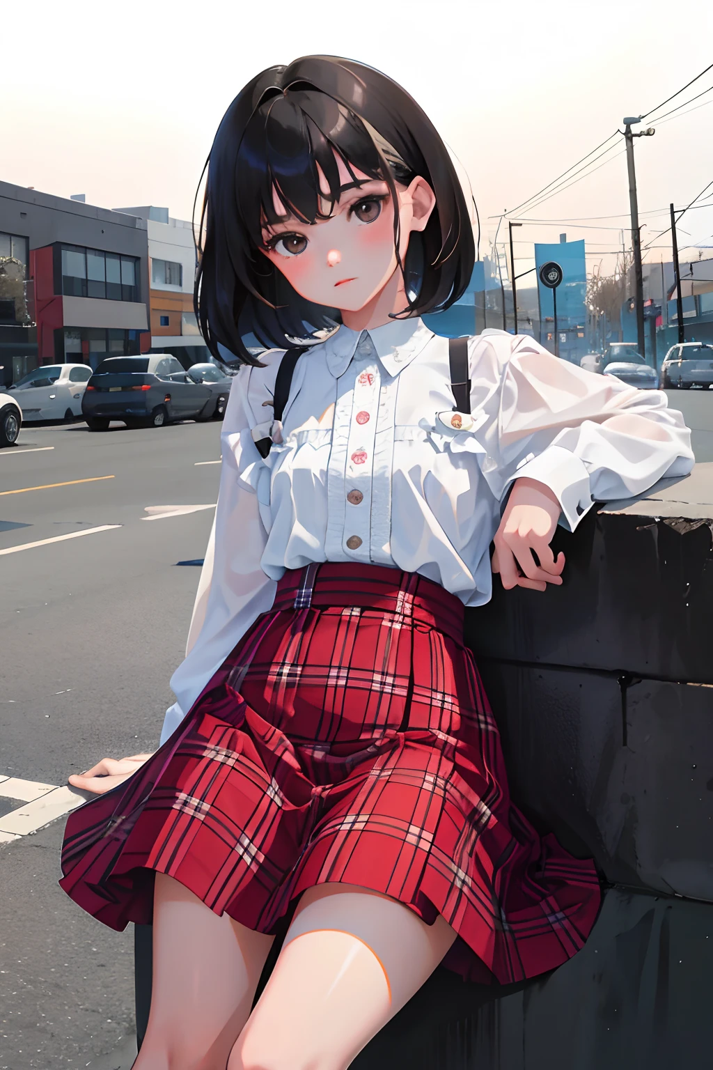 turned around,(masterpiece,Highest Quality),(child:1.3),Burberry plaid skirt,(A dark-haired,Medium bob),embarrassed from,sleepy expression,Delicate body,petite body