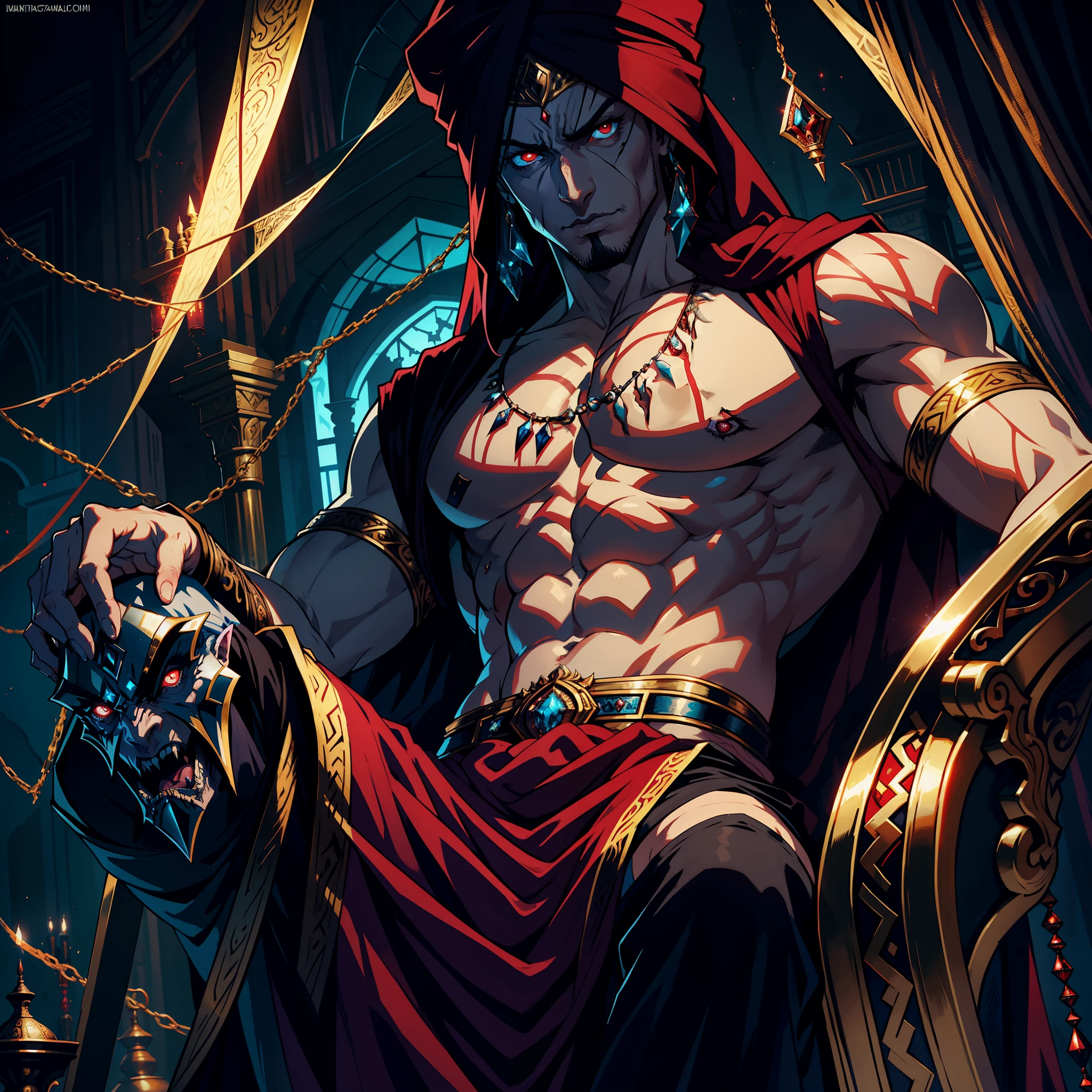 Arabian moroccan with turban Castlevania Lord of Shadows Muscular Beautiful Very Scary Red Eyes Brilliant Crystal Hyper Realistic Super Detailed Scary Lord Dracula sitting on his great throne with his legendary Moroccan princesses next to him Read large scrolls with an angry red expression Bright eyes Hyper realistic face Super Detailed Portrait Dynamic Shot Centerpiece Cinematic Scene Epic Movie Legendary Hokuto no ken Movie Style
