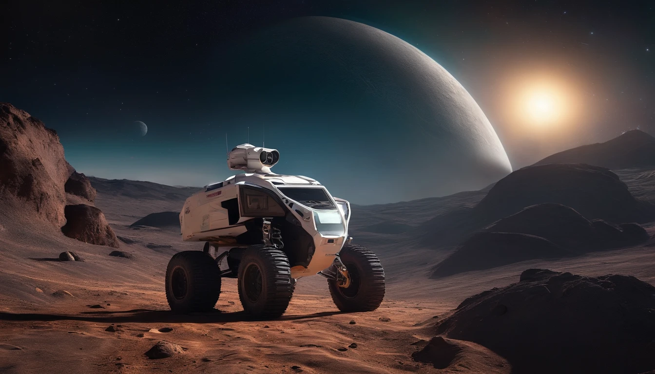 On a mysterious and beautiful planet,Sorry,4K movies,White rover in the distance stunt on moon crater,ultra wide angle,Star cloud,Epic level graphics,colorful