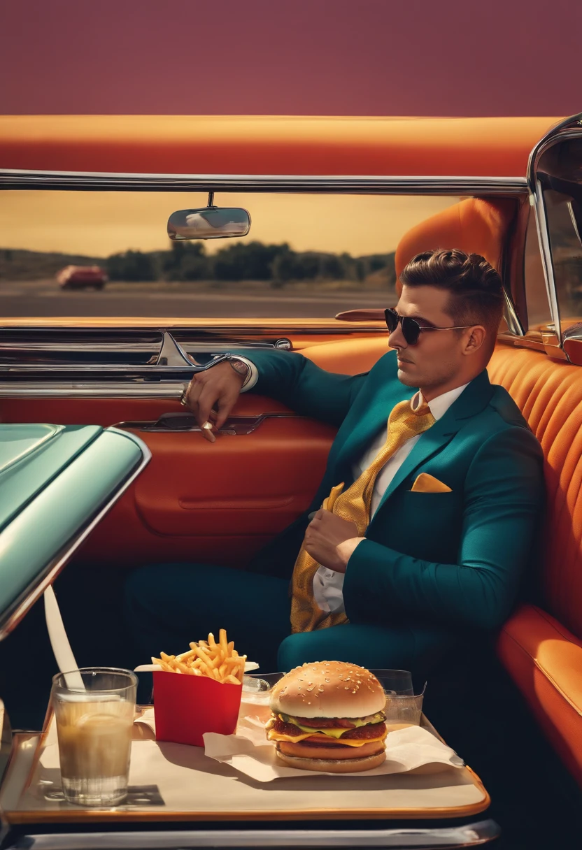 Personnage masculin dans voiture entrain de manger mc donalds