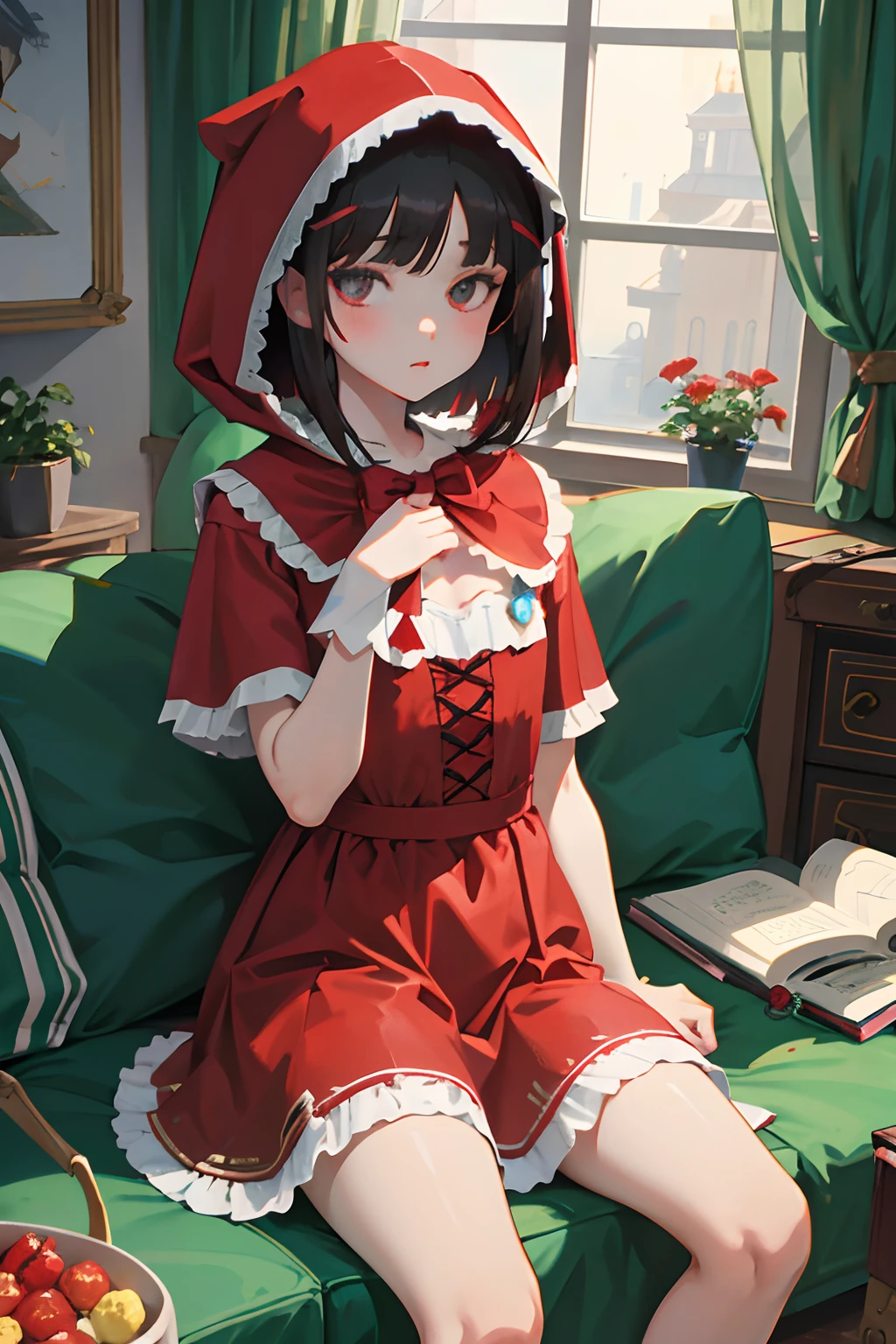 （​masterpiece，Highest Quality），(child:1.3)，(Little Red Riding Hood)，(A dark-haired，Medium bob)，embarrassed from，sleepy expression，Delicate body，petite body，small tits，livingroom