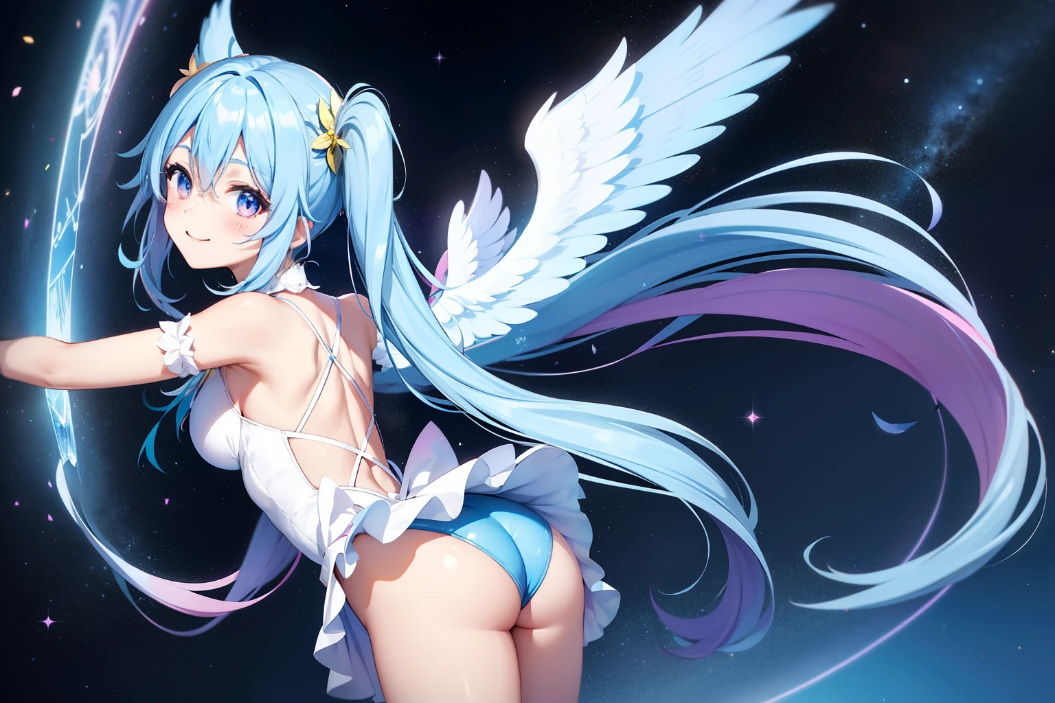 Super Idol a beauty girl A charming smile sky blue hair length hair Twin-tailed Glittery bright pink and white and blue and yellow leotards facing front 7 colors of angel great wings on the back Mystical Fantasia constellation a moon Crystal Brilliance Aurora Borealis in the Night Sky Angelic aura