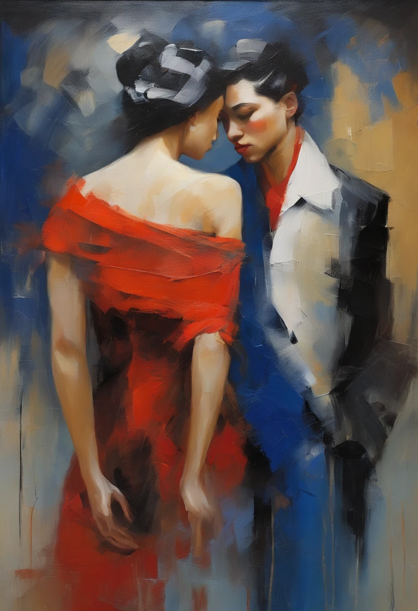 a contemporary portrait of a persons in the expressive and painterly style of Malcolm Liepke,man kissing woman ,close-up of the subject's faces with strong dynamic brushstrokes, focus on capturing the depth and texture, light pink and bright blue highlights and vibrant areas, muted blue, dark grayish blue, very dark gray, and light grayish blue shadows and depth, subtle variations of the same color palette in the background, modern elegance and emotional intensity
