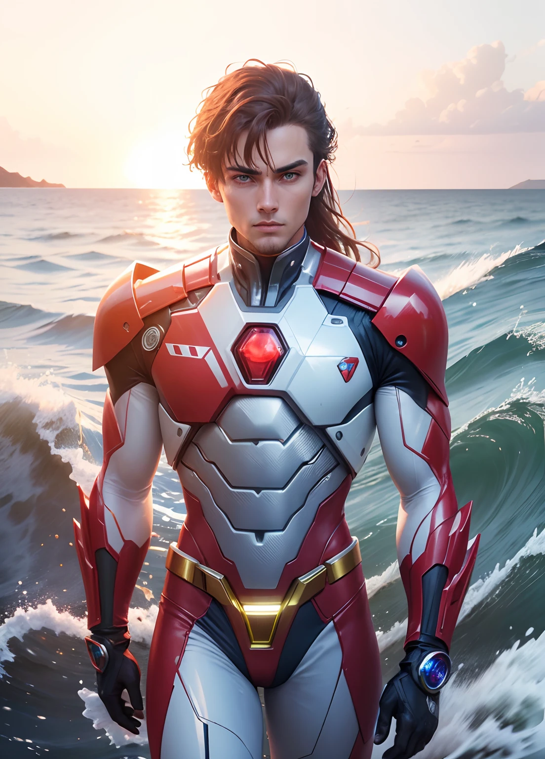 A guy with Amazing suit, Power rangers,Green eyes, brown hair, standing on the sea, Wave, sunset vibes, Water effect, Red&white suit,Futuristic suit,cyberpunk, Red LED light on suit, futuristic theme, Amazing, Power Rangers, best quality, 8k resolution, realistic,