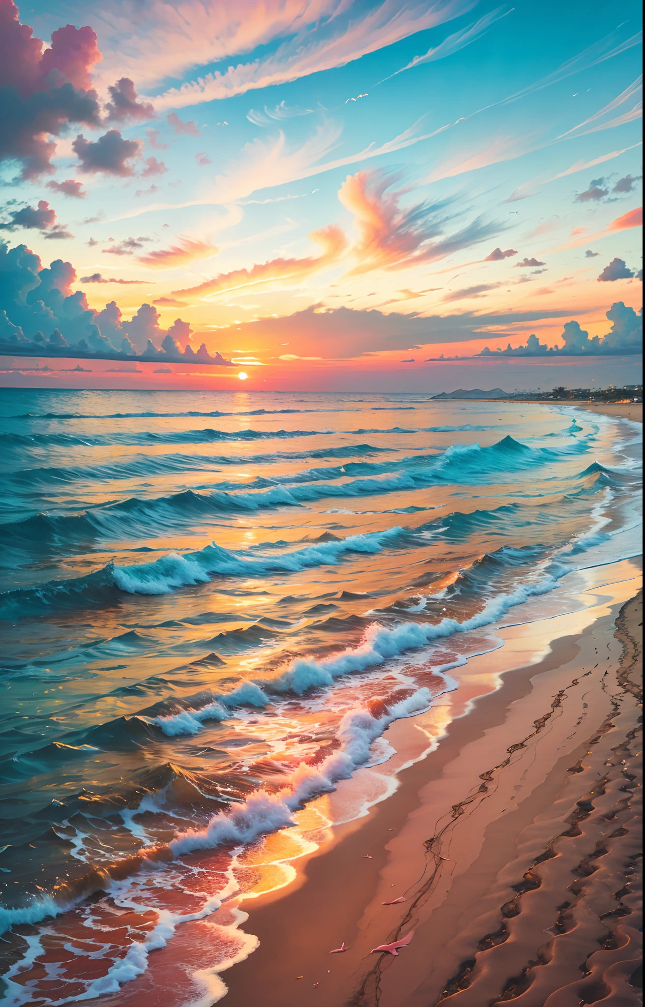 Absolutely mesmerizing sunset on the beach with a mix of oranges, pinks and yellows in the sky. The water is crystal clear, gently kissing the shore, and the white sand is endless. The scenes are action-packed and breathtaking, with seagulls soaring high in the sky and palm trees swaying gently. Immerse yourself in the calm atmosphere and let the serenity surround you.