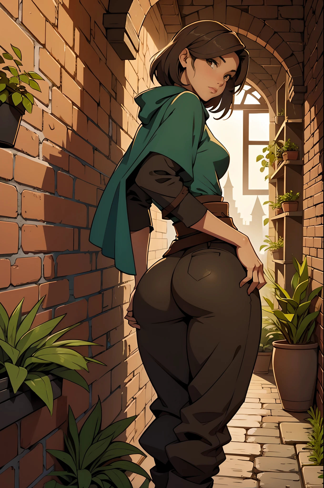 Solo, female, bent over, hands on the wall, brick wall, fantasy village, plants, looking back at viewer, pants, tunic, cloak, big butt