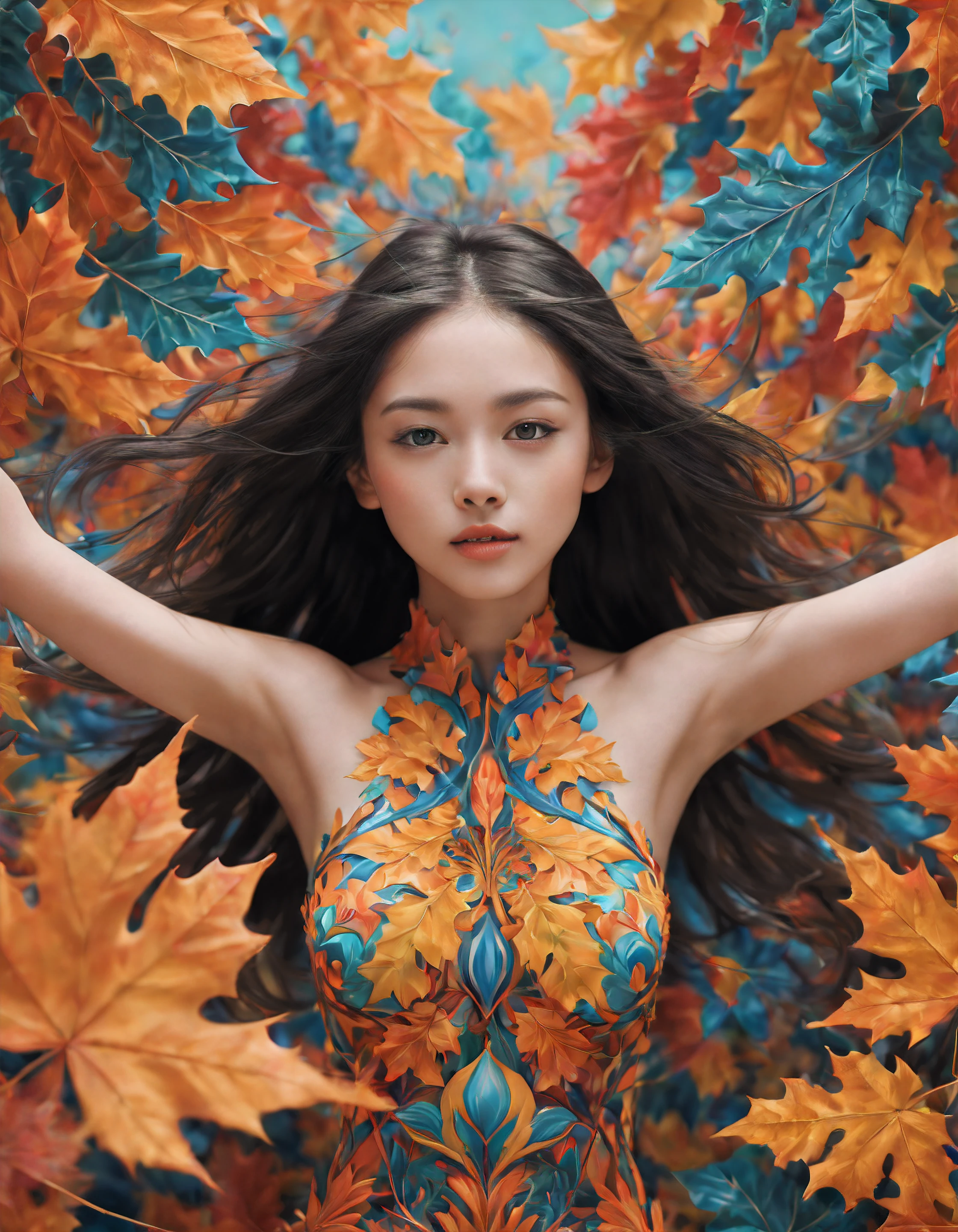Seamlessly blends the girl's vibrant personality with the natural beauty of leaves. As she dances through a (kaleidoscope of colors and patterns), the leaves respond, mirroring her movements with mesmerizing fractal designs, high_res details