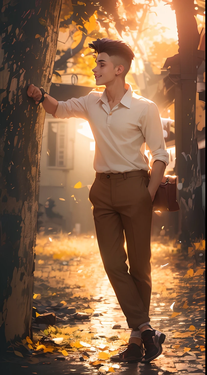 A boy, transformed into an anime style, with exaggerated unique facial features and clothing, standing on a bustling city street, backlit background highlighting the subject, high-contrast colors, 4K high-definition quality,young, smiling, handsome