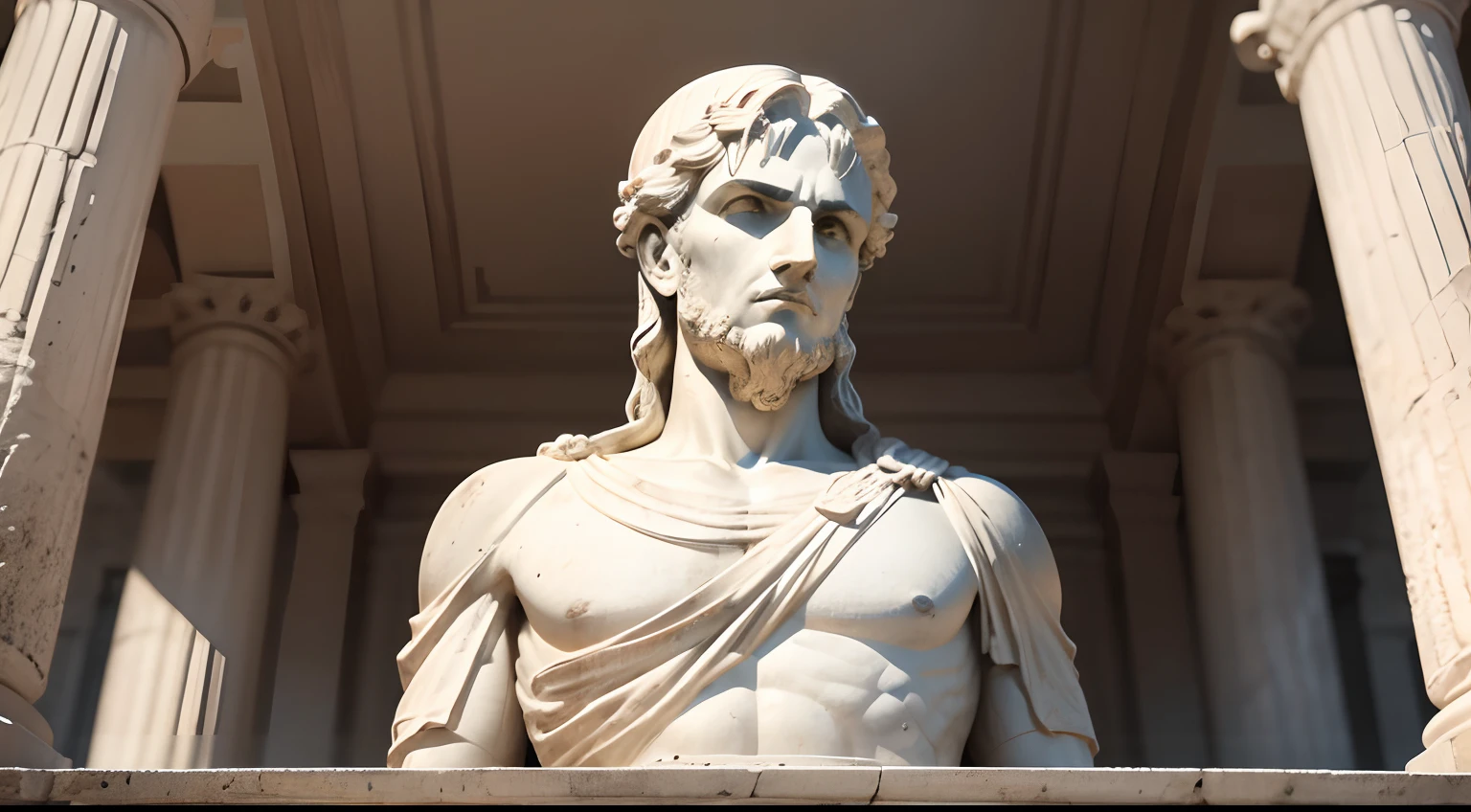 Ancient greek statue with angry expression, ambiente escuro, ao ceu aberto, 35 mm, lateralmente, extremamente detalhado, Colors with low saturation with dark tone, Filmado em Sony A7S III com Sony FE 35mm f/1.8, 12.1 MP, --AR 3:2 --estilo cru