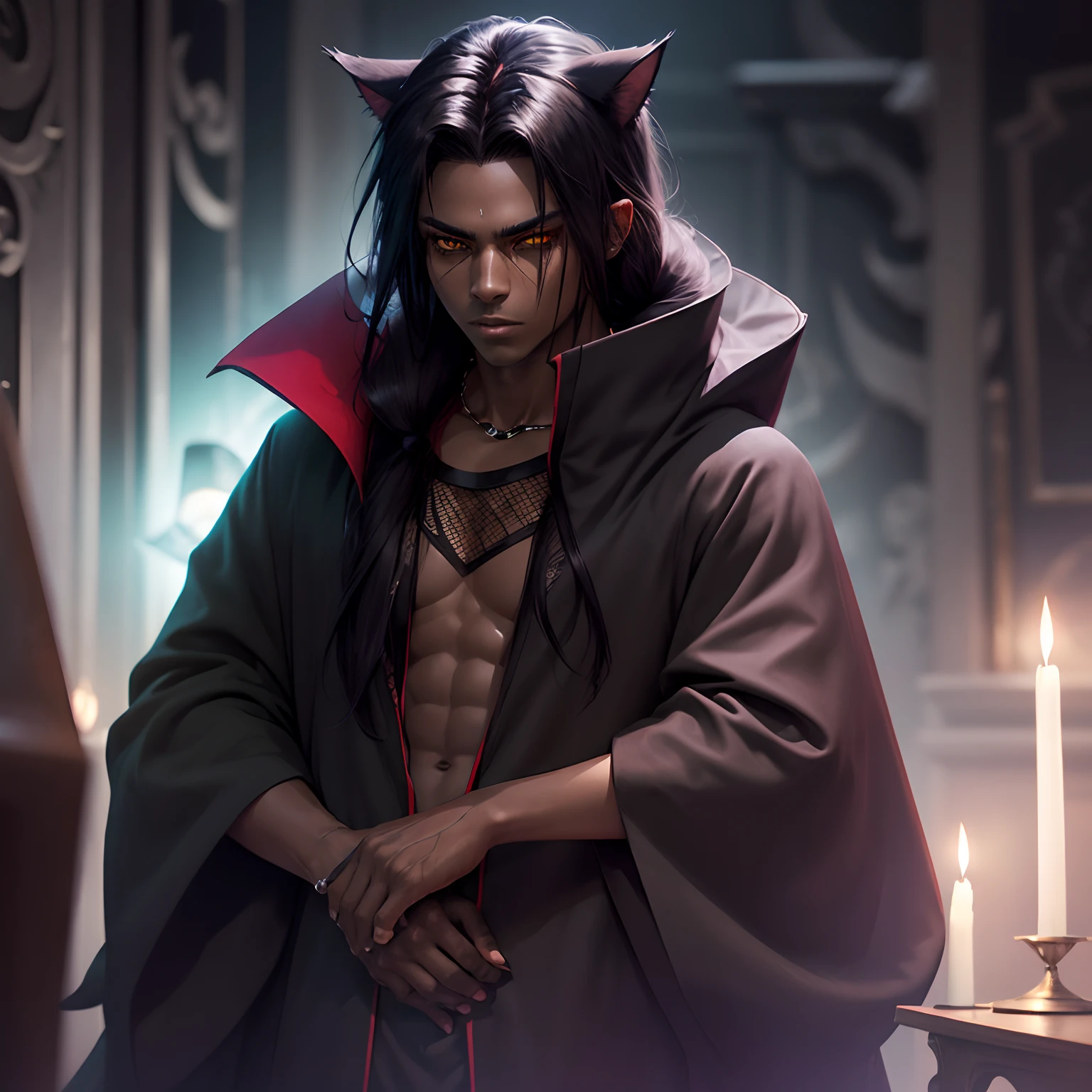 (Black spikey long hair), (dark skinned male),  (cat ears), (green eyes), (black robes), (long hair), (spikey hair)